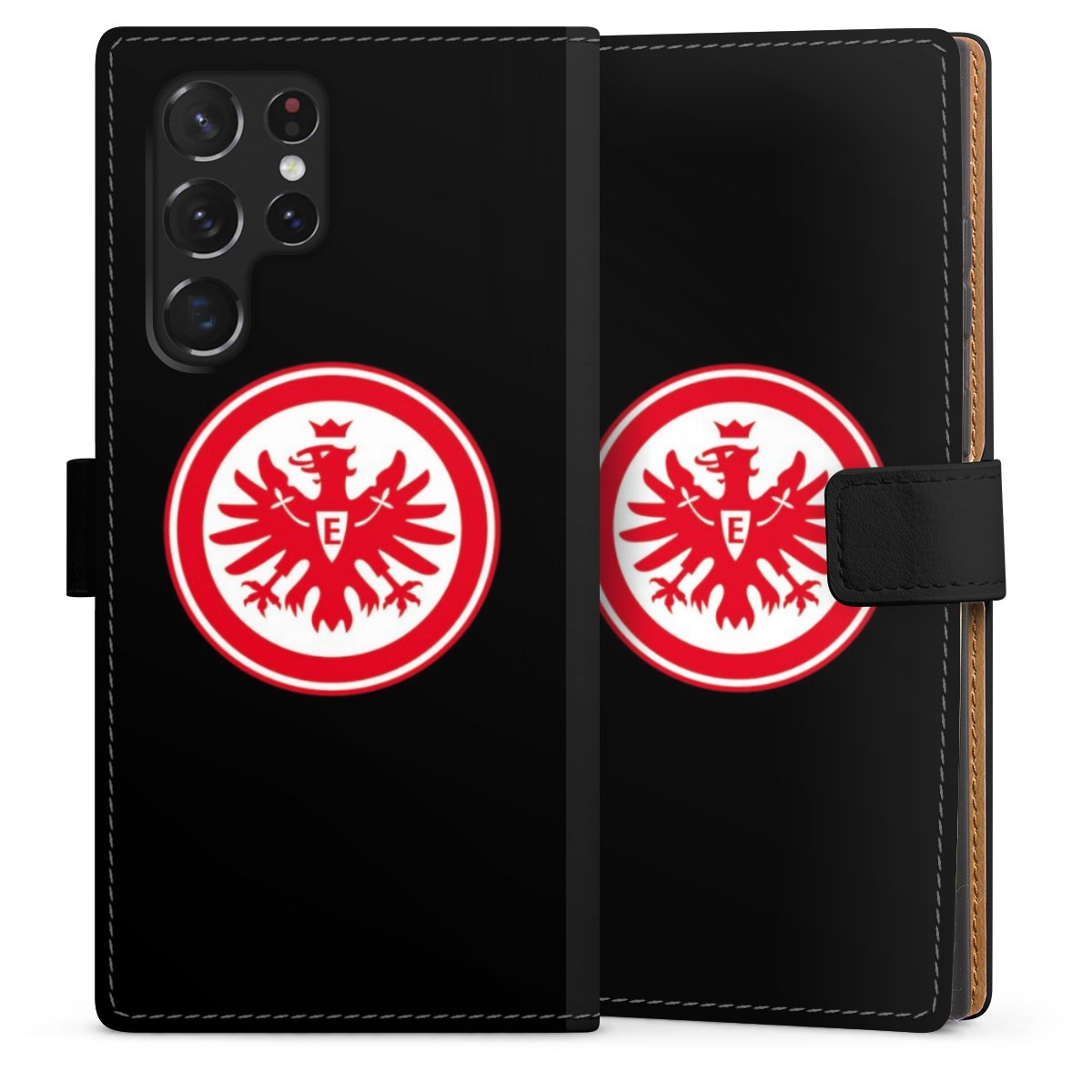 Galaxy S22 Ultra Handy Klapphülle Handyhülle aus Kunst Leder schwarz Flip Case Eintracht Frankfurt Sge Eagle Sideflip mit Lasche