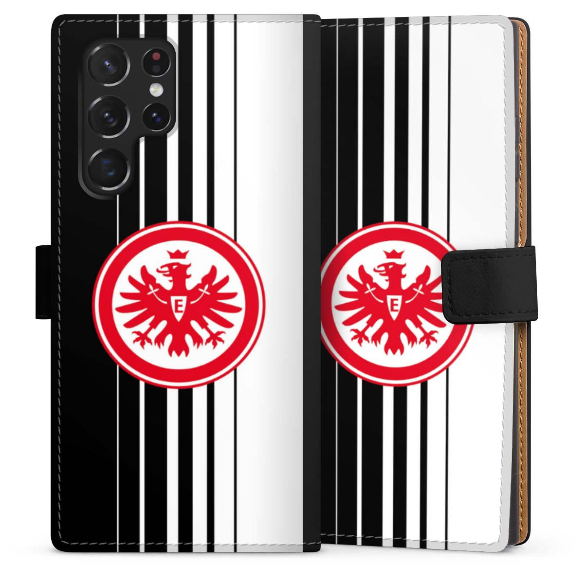 Galaxy S22 Ultra Handy Klapphülle Handyhülle aus Kunst Leder schwarz Flip Case Stripes Eintracht Frankfurt Official Licensed Product Sideflip mit Lasche