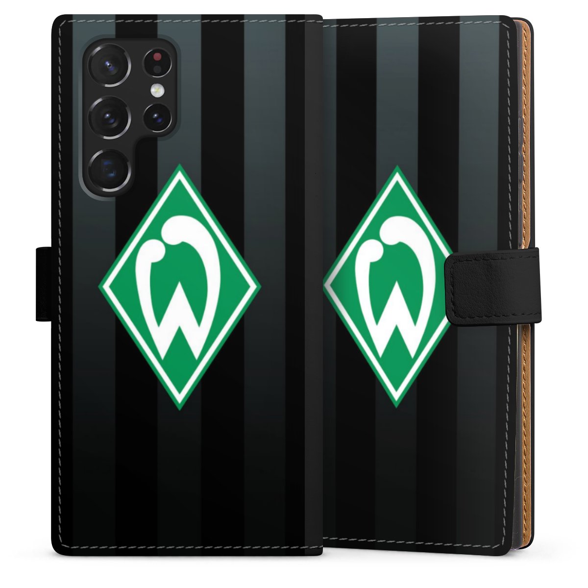 Galaxy S22 Ultra Handy Klapphülle Handyhülle aus Kunst Leder schwarz Flip Case Stripes Sv Werder Bremen Official Licensed Product Sideflip mit Lasche