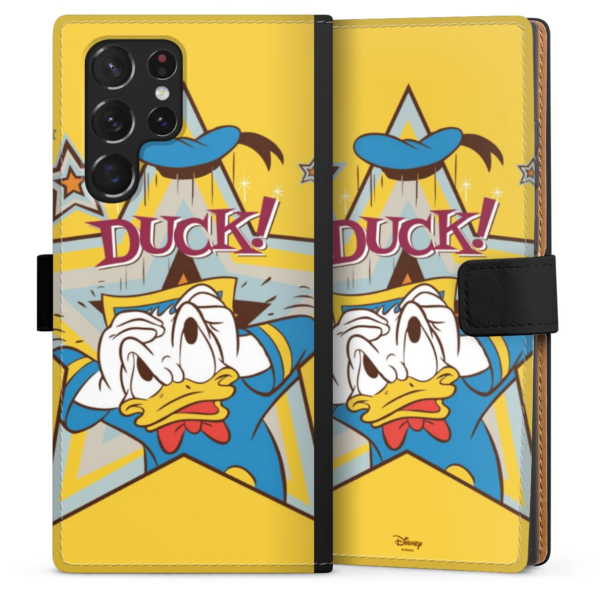 Galaxy S22 Ultra Handy Klapphülle Handyhülle aus Kunst Leder schwarz Flip Case Official Licensed Product Donald Duck Disney Sideflip mit Lasche