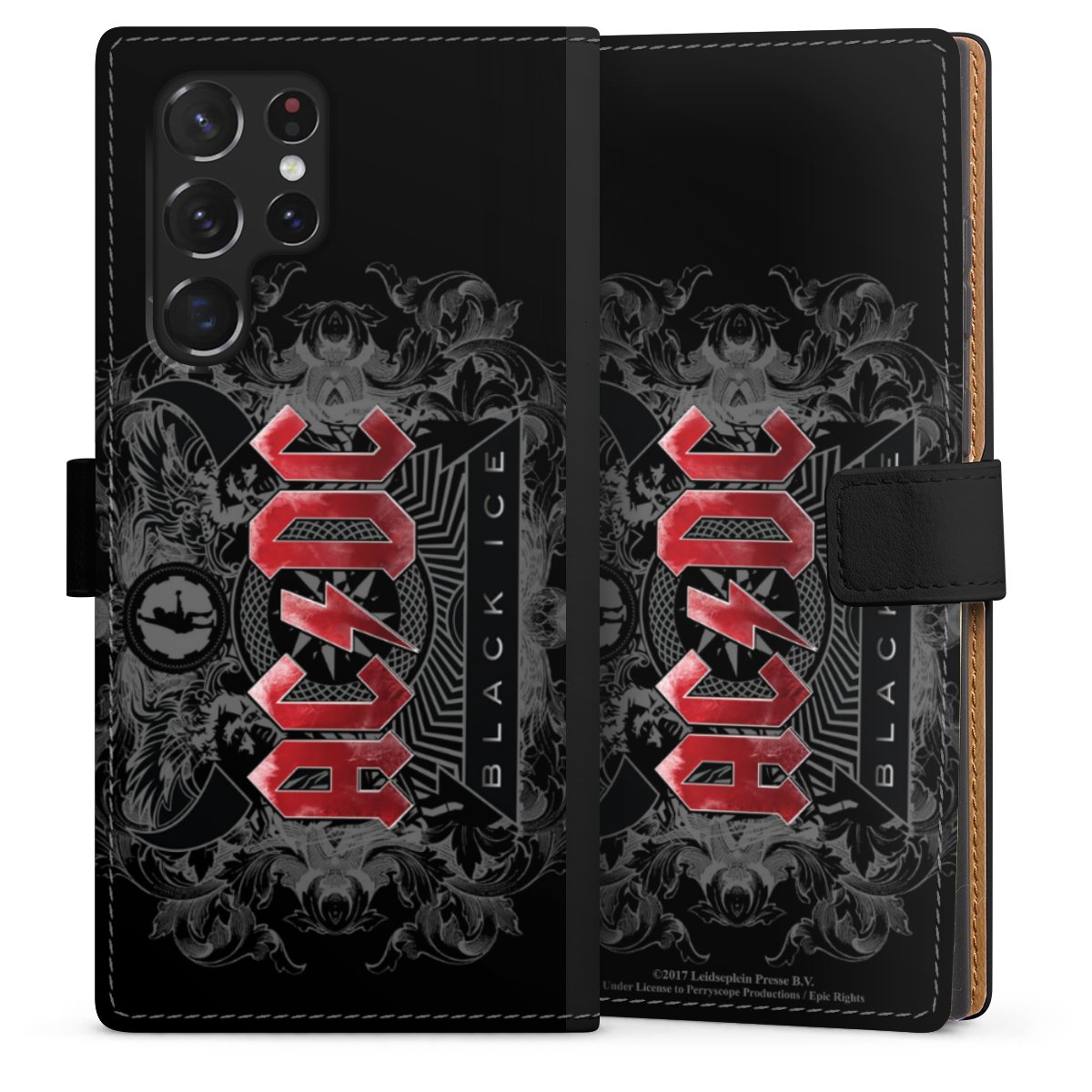 Galaxy S22 Ultra Handy Klapphülle Handyhülle aus Kunst Leder schwarz Flip Case Merchandise Black Ice Acdc Sideflip mit Lasche