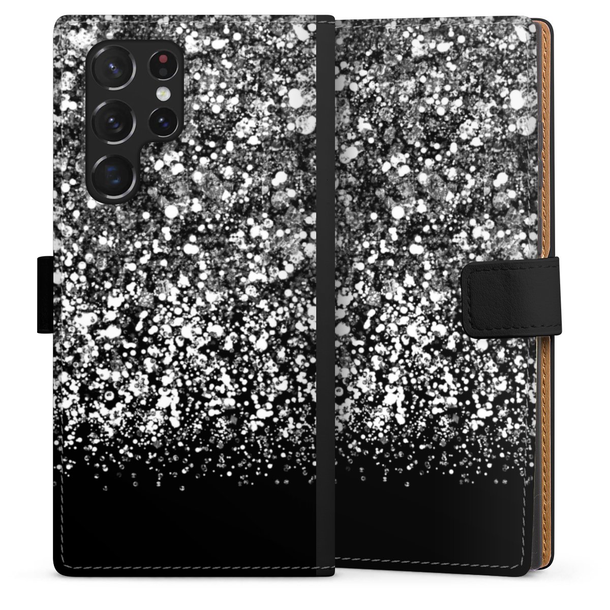 Galaxy S22 Ultra Handy Klapphülle Handyhülle aus Kunst Leder schwarz Flip Case Glitzer Snowflake Muster Sideflip mit Lasche