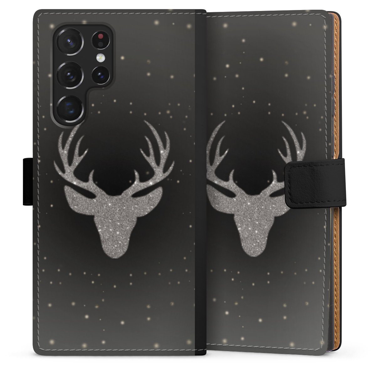 Galaxy S22 Ultra Handy Klapphülle Handyhülle aus Kunst Leder schwarz Flip Case Winter Deer Glitzer Sideflip mit Lasche