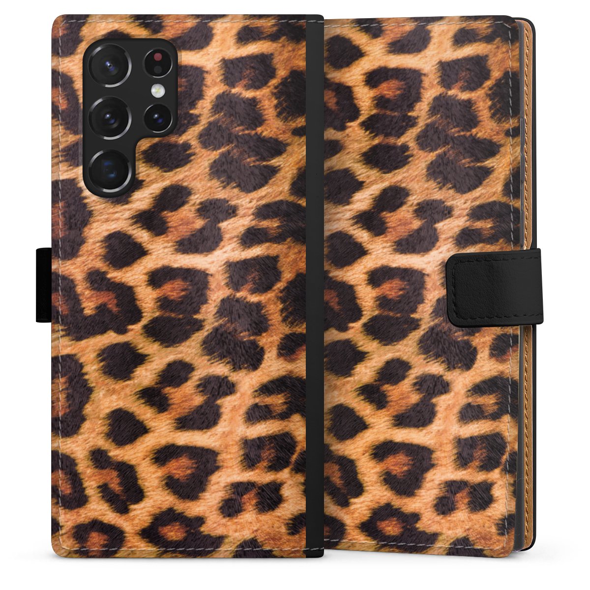 Galaxy S22 Ultra Handy Klapphülle Handyhülle aus Kunst Leder schwarz Flip Case Animal Print Leopard Fur Sideflip mit Lasche