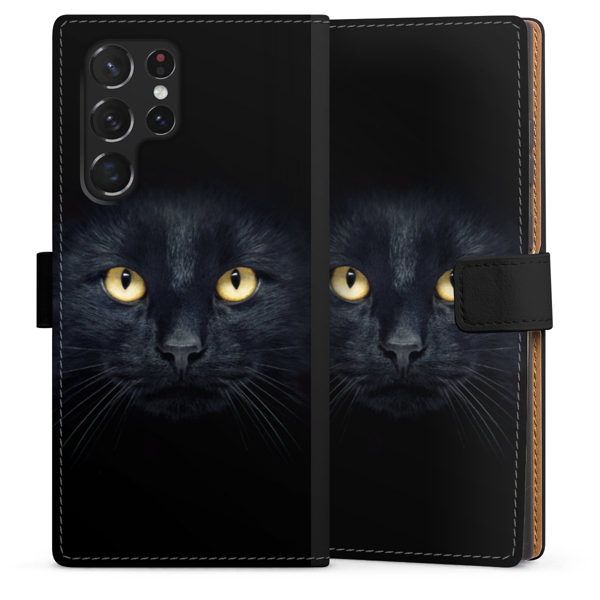 Galaxy S22 Ultra Handy Klapphülle Handyhülle aus Kunst Leder schwarz Flip Case Eye Cat Black Sideflip mit Lasche