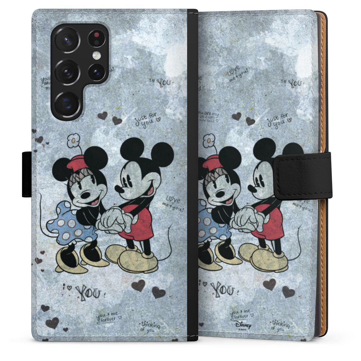 Galaxy S22 Ultra Handy Klapphülle Handyhülle aus Kunst Leder schwarz Flip Case Mickey & Minnie Mouse Vintage Disney Sideflip mit Lasche