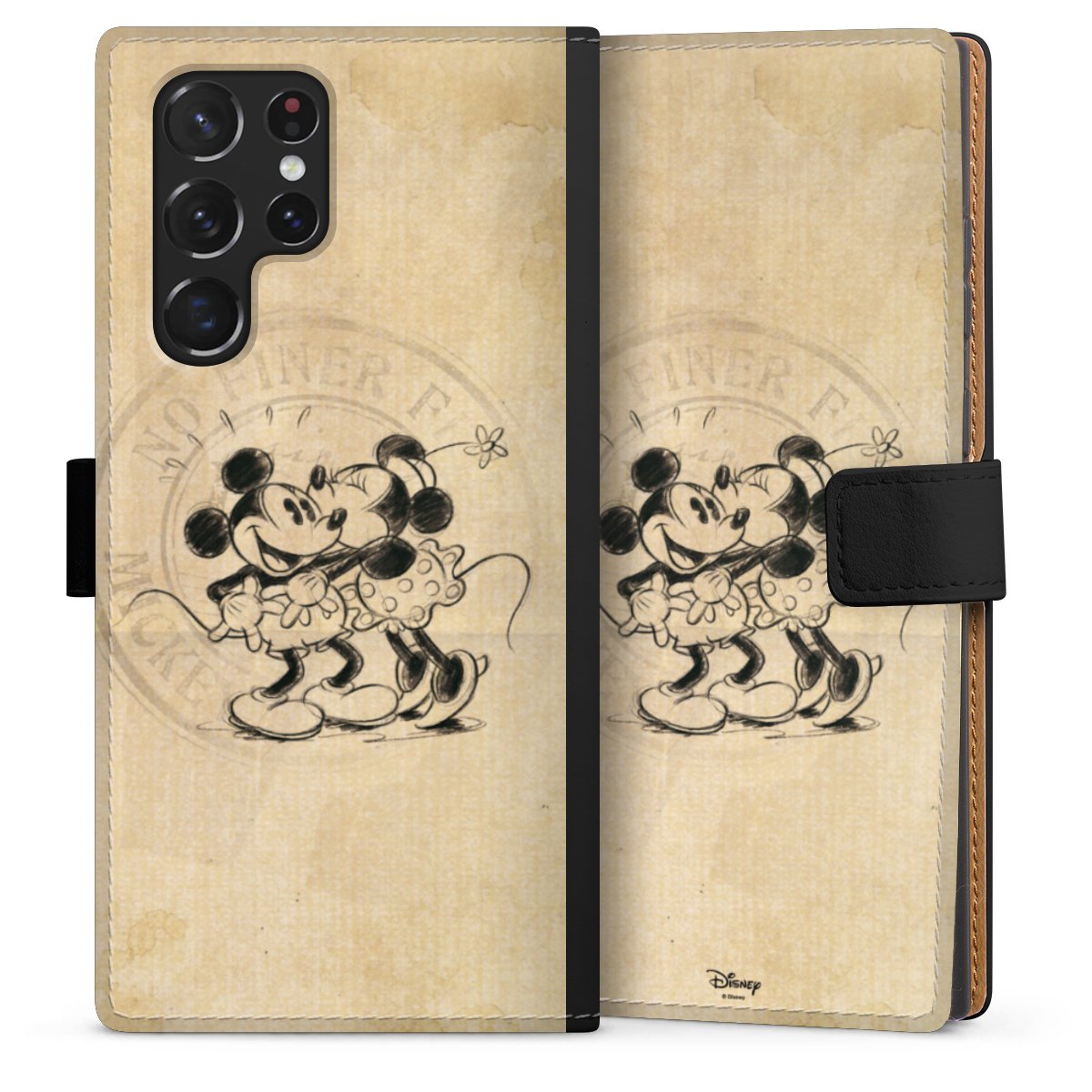 Galaxy S22 Ultra Handy Klapphülle Handyhülle aus Kunst Leder schwarz Flip Case Mickey Mouse Vintage Minnie Mouse Sideflip mit Lasche