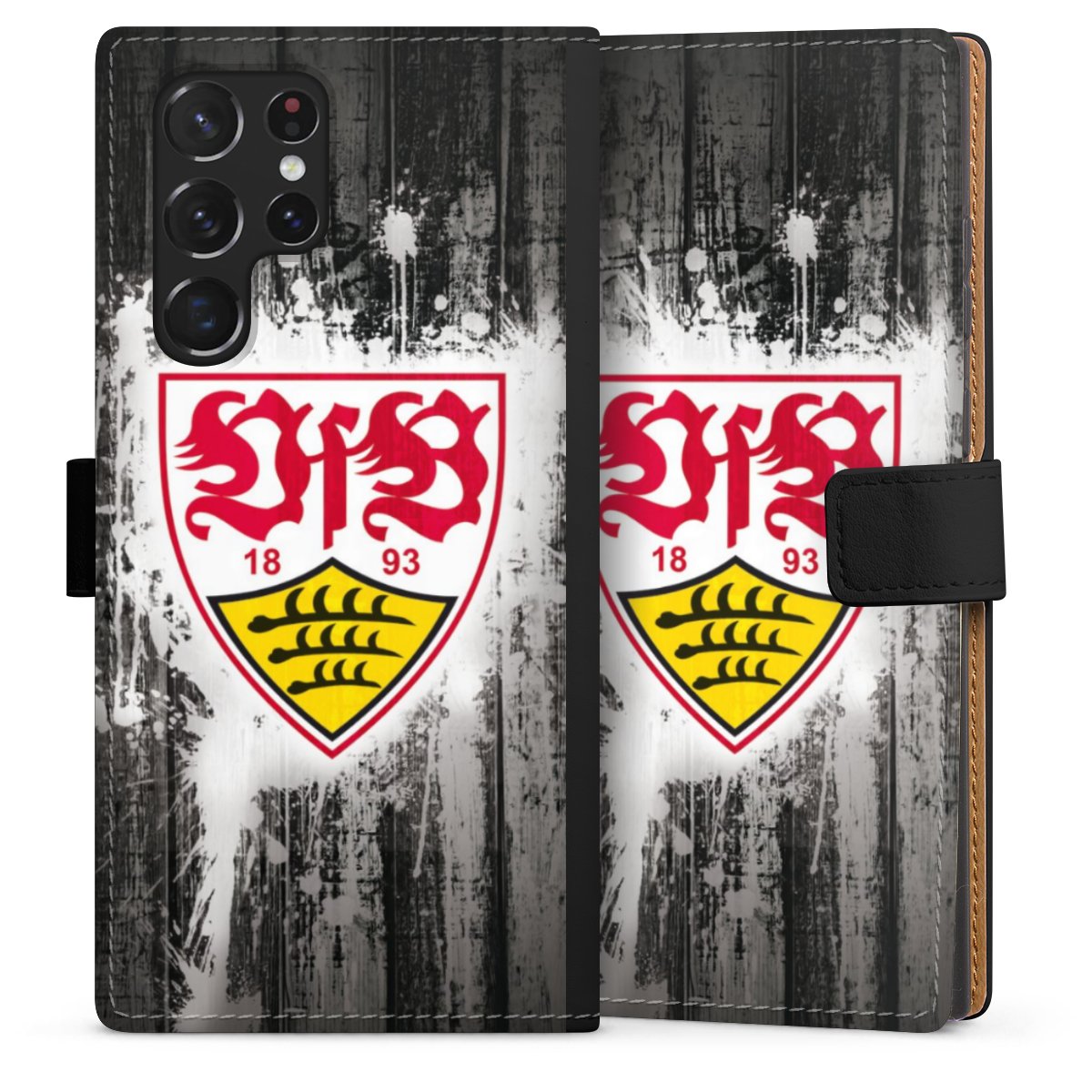 Galaxy S22 Ultra Handy Klapphülle Handyhülle aus Kunst Leder schwarz Flip Case Vfb Stuttgart Official Licensed Product Sideflip mit Lasche