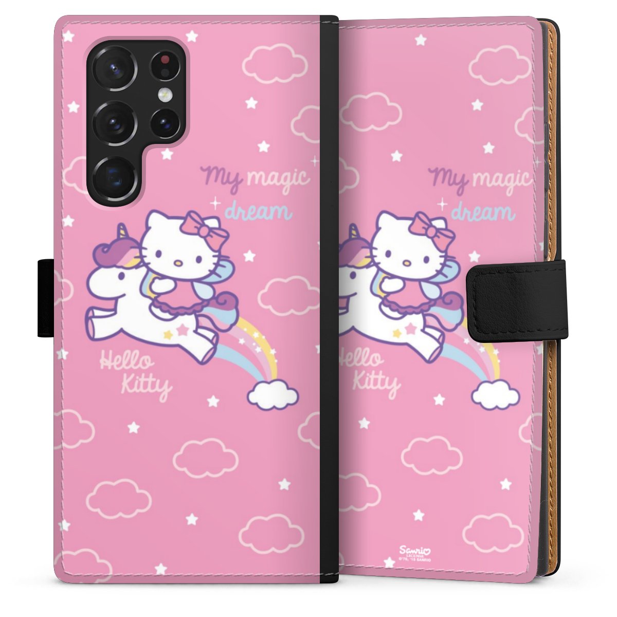 Galaxy S22 Ultra Handy Klapphülle Handyhülle aus Kunst Leder schwarz Flip Case Einhorn Official Licensed Product Hello Kitty Sideflip mit Lasche