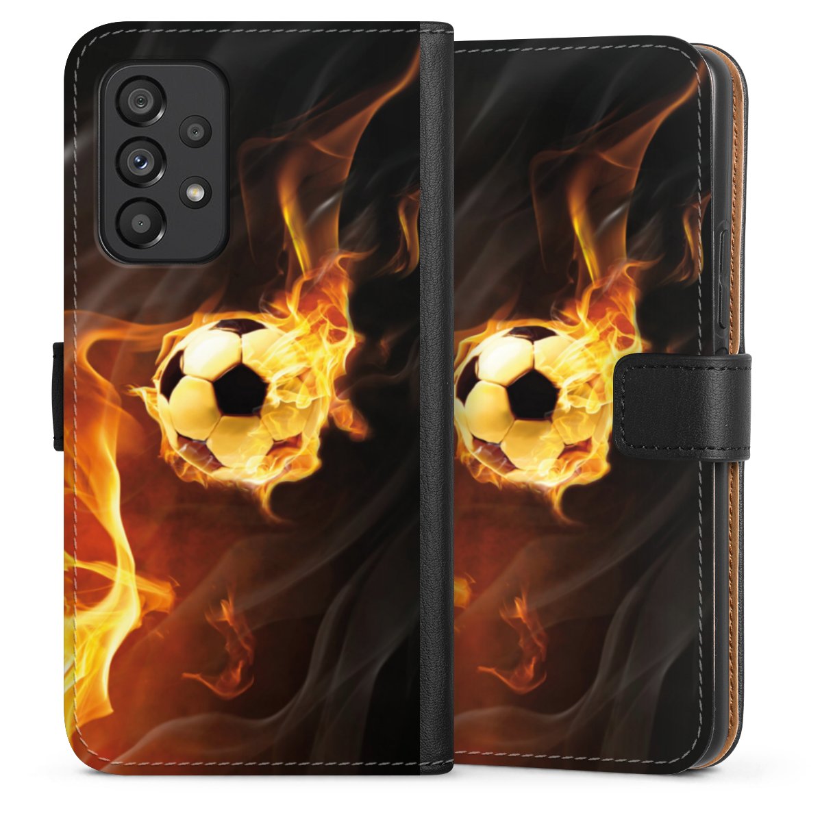 Galaxy A53 5G Handy Klapphülle Handyhülle aus Kunst Leder schwarz Flip Case Ball Fire Soccer Sideflip mit Lasche