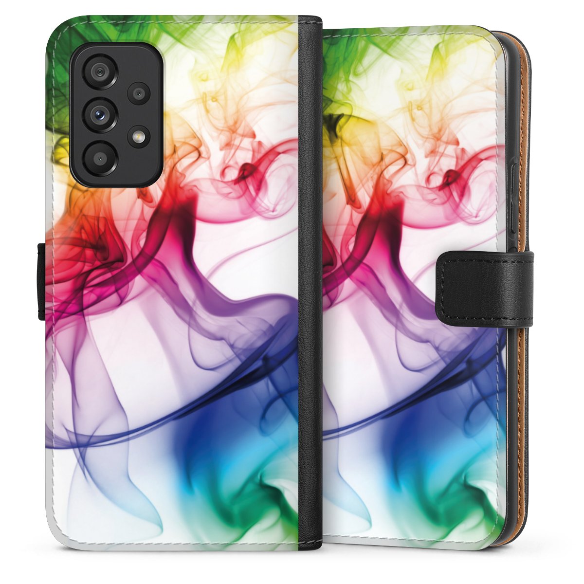 Galaxy A53 5G Handy Klapphülle Handyhülle aus Kunst Leder schwarz Flip Case Water Colour Rainbow Sideflip mit Lasche