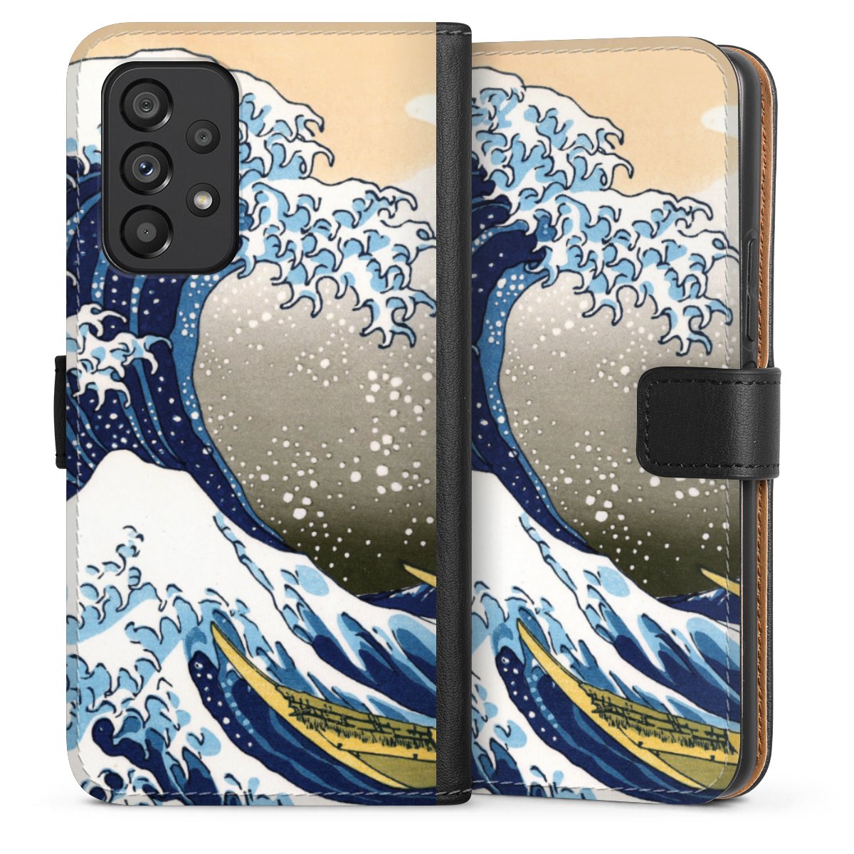 Galaxy A53 5G Handy Klapphülle Handyhülle aus Kunst Leder schwarz Flip Case Kunst Katsushika Hokusai Die Große Welle Vor Kanagawa Sideflip mit Lasche