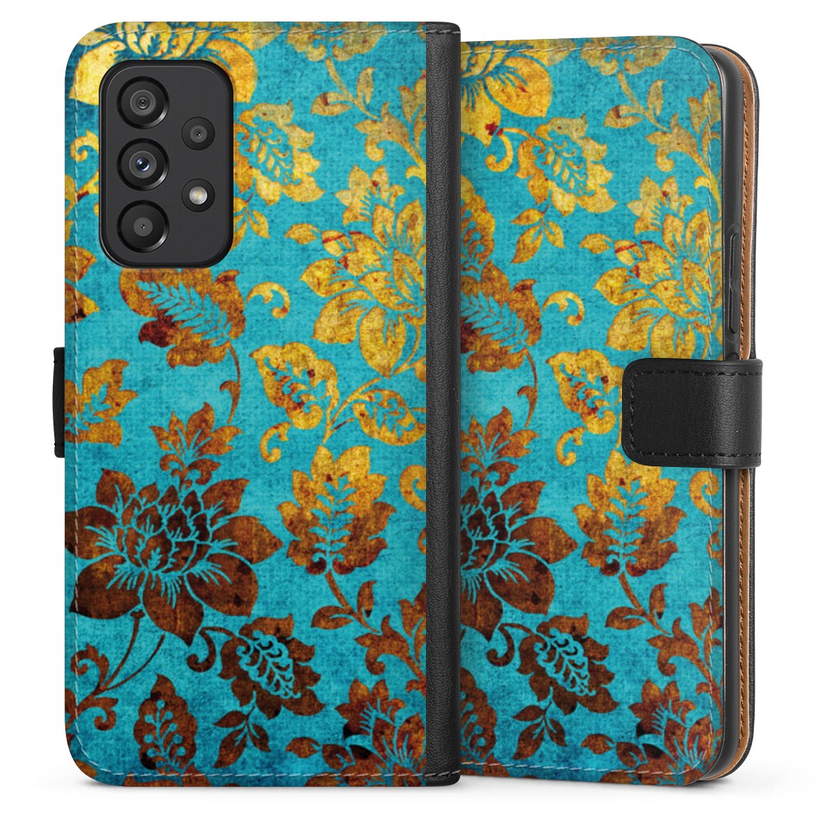 Galaxy A53 5G Handy Klapphülle Handyhülle aus Kunst Leder schwarz Flip Case Ornament Vintage Flowers Sideflip mit Lasche