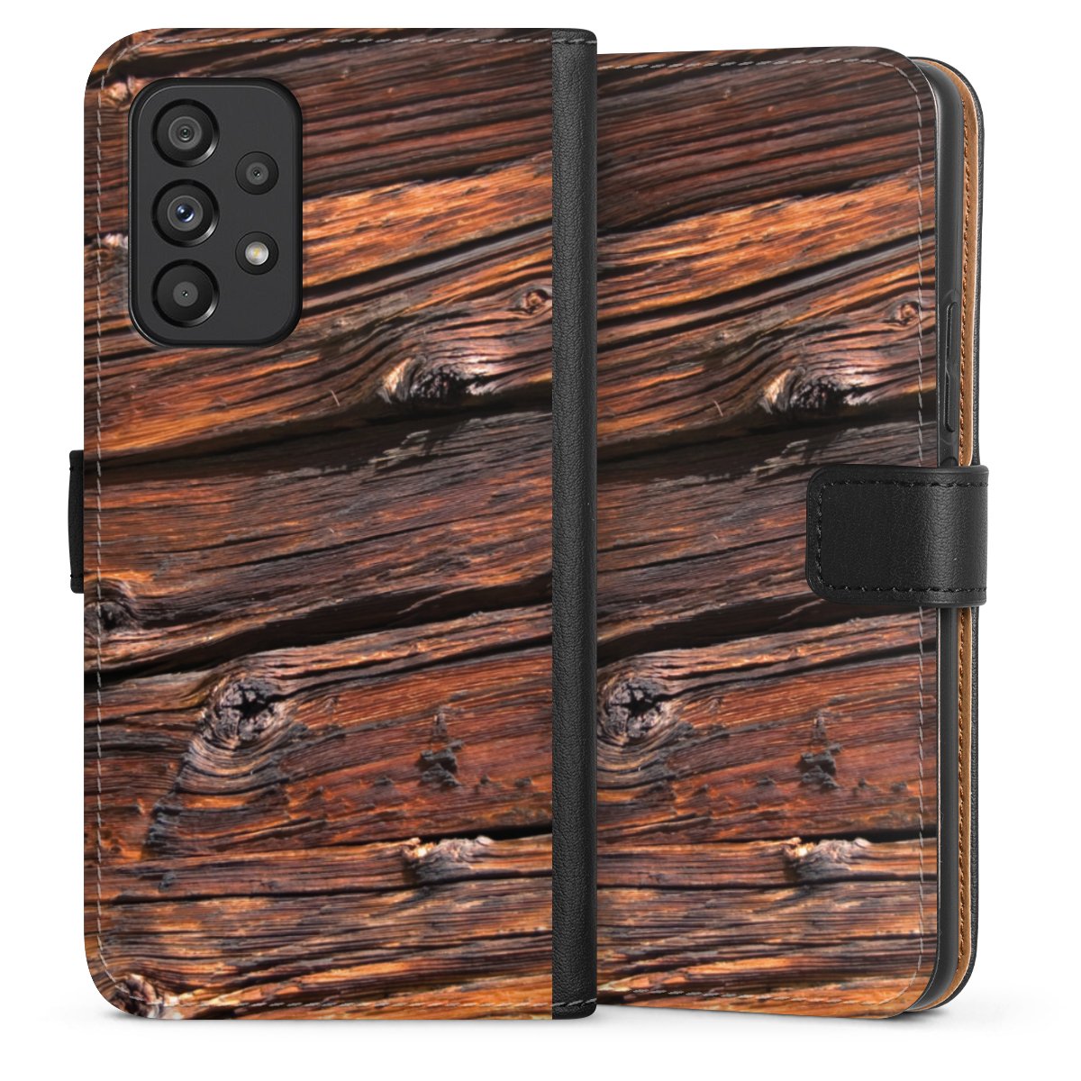 Galaxy A53 5G Handy Klapphülle Handyhülle aus Kunst Leder schwarz Flip Case Beams Wooden Look Wood Sideflip mit Lasche