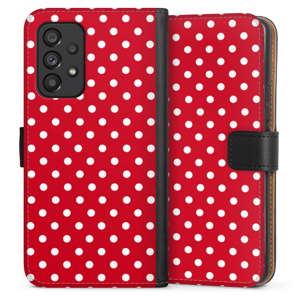 Galaxy A53 5G Handy Klapphülle Handyhülle aus Kunst Leder schwarz Flip Case Points Polka Dots Retro Sideflip mit Lasche