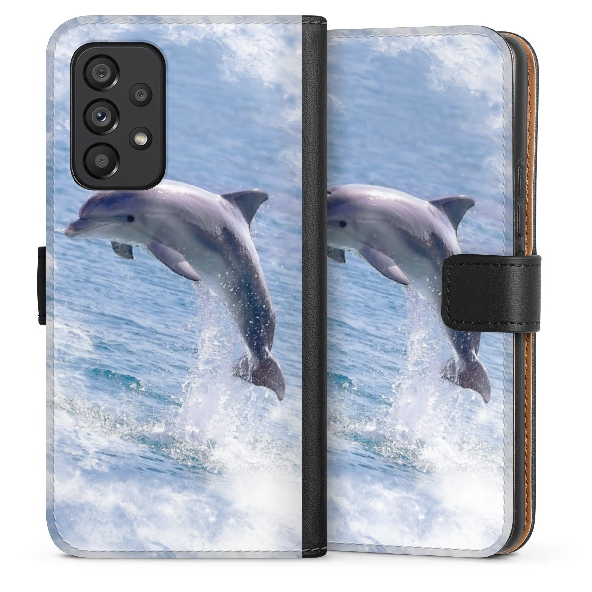 Galaxy A53 5G Handy Klapphülle Handyhülle aus Kunst Leder schwarz Flip Case Dolphin Ocean Wale Sideflip mit Lasche