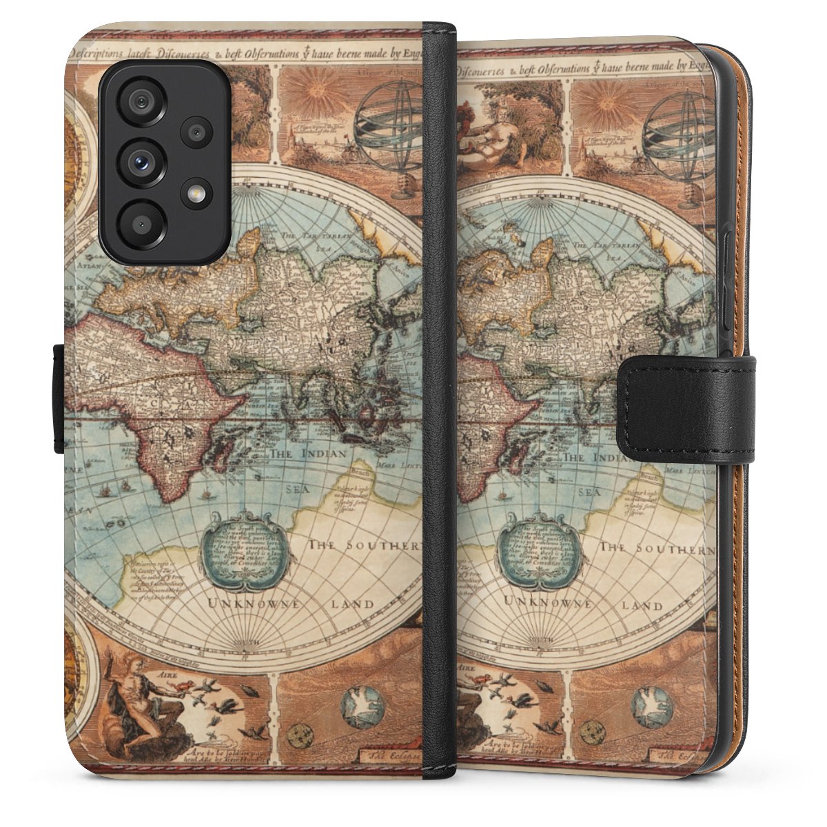 Galaxy A53 5G Handy Klapphülle Handyhülle aus Kunst Leder schwarz Flip Case World Map Vintage Map Sideflip mit Lasche