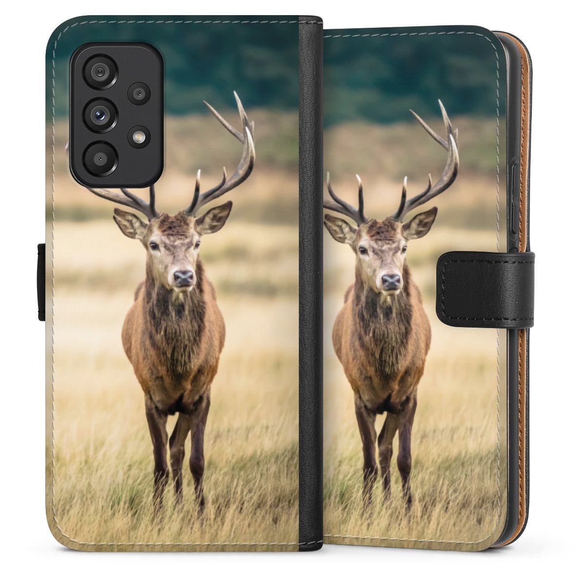 Galaxy A53 5G Handy Klapphülle Handyhülle aus Kunst Leder schwarz Flip Case Deer Meadow Forrest Sideflip mit Lasche