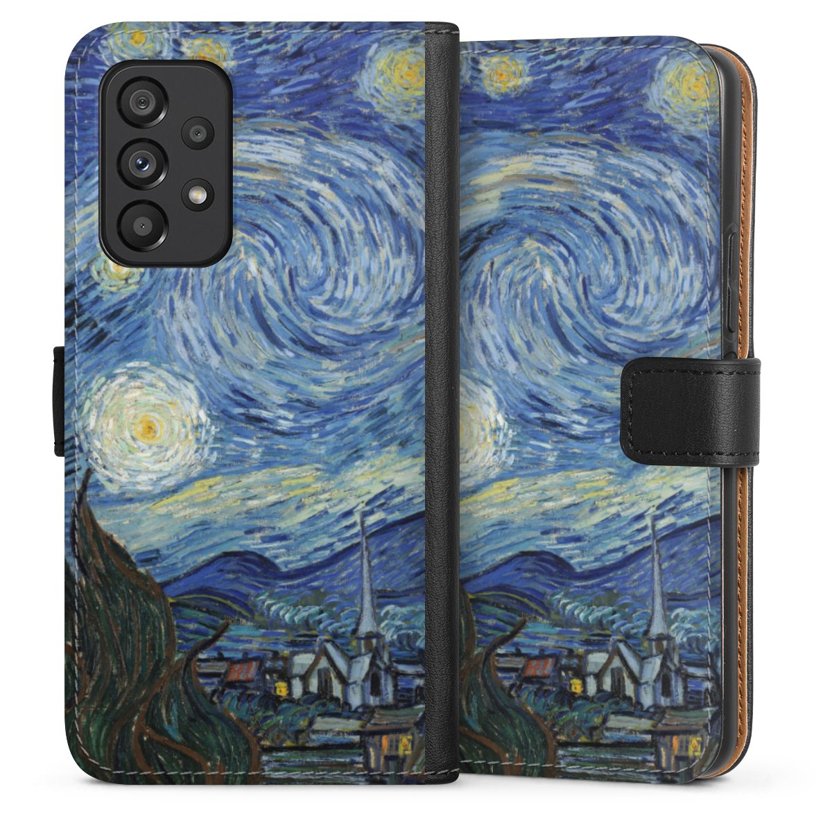 Galaxy A53 5G Handy Klapphülle Handyhülle aus Kunst Leder schwarz Flip Case The Starry Night Kunst Vincent Van Gogh Sideflip mit Lasche