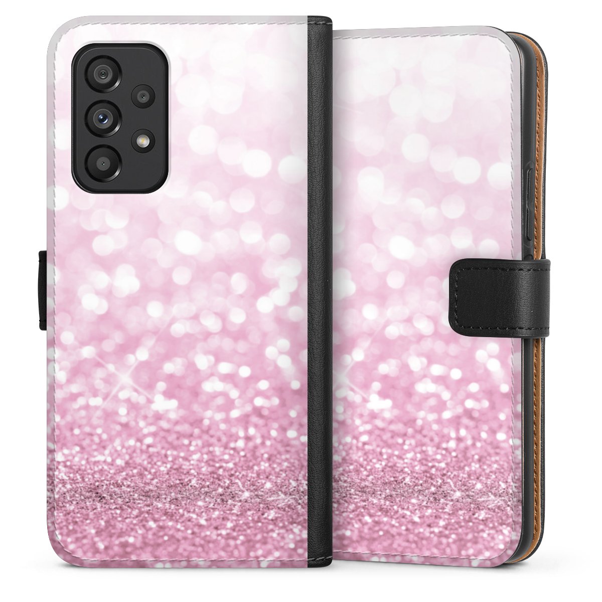 Galaxy A53 5G Handy Klapphülle Handyhülle aus Kunst Leder schwarz Flip Case Glitzer Pink Shine Sideflip mit Lasche