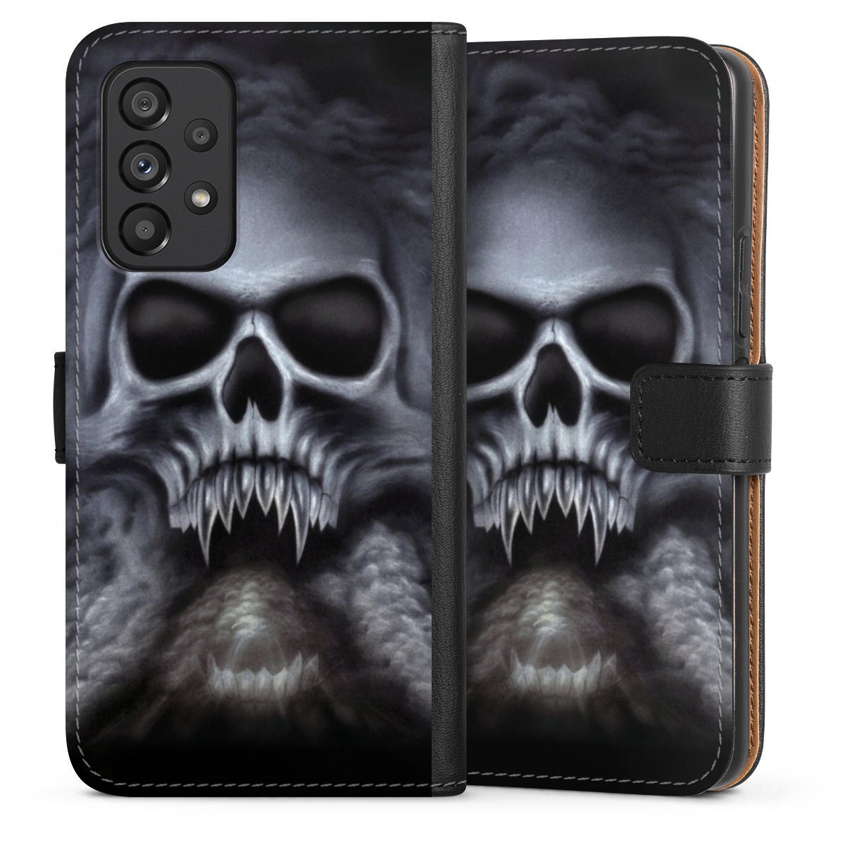 Galaxy A53 5G Handy Klapphülle Handyhülle aus Kunst Leder schwarz Flip Case Totenkopf Skull Sideflip mit Lasche