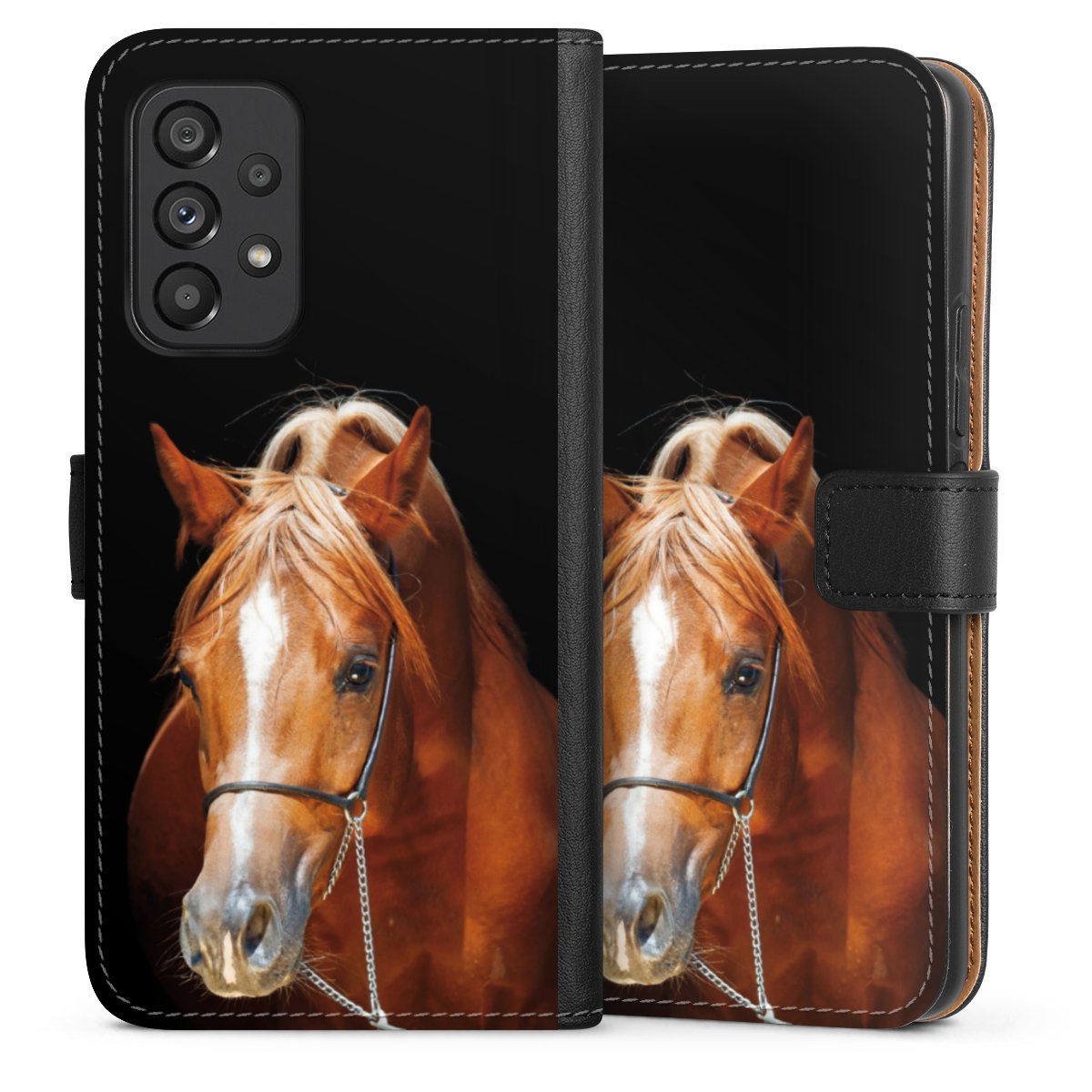 Galaxy A53 5G Handy Klapphülle Handyhülle aus Kunst Leder schwarz Flip Case Mare Horse Hobby Sideflip mit Lasche