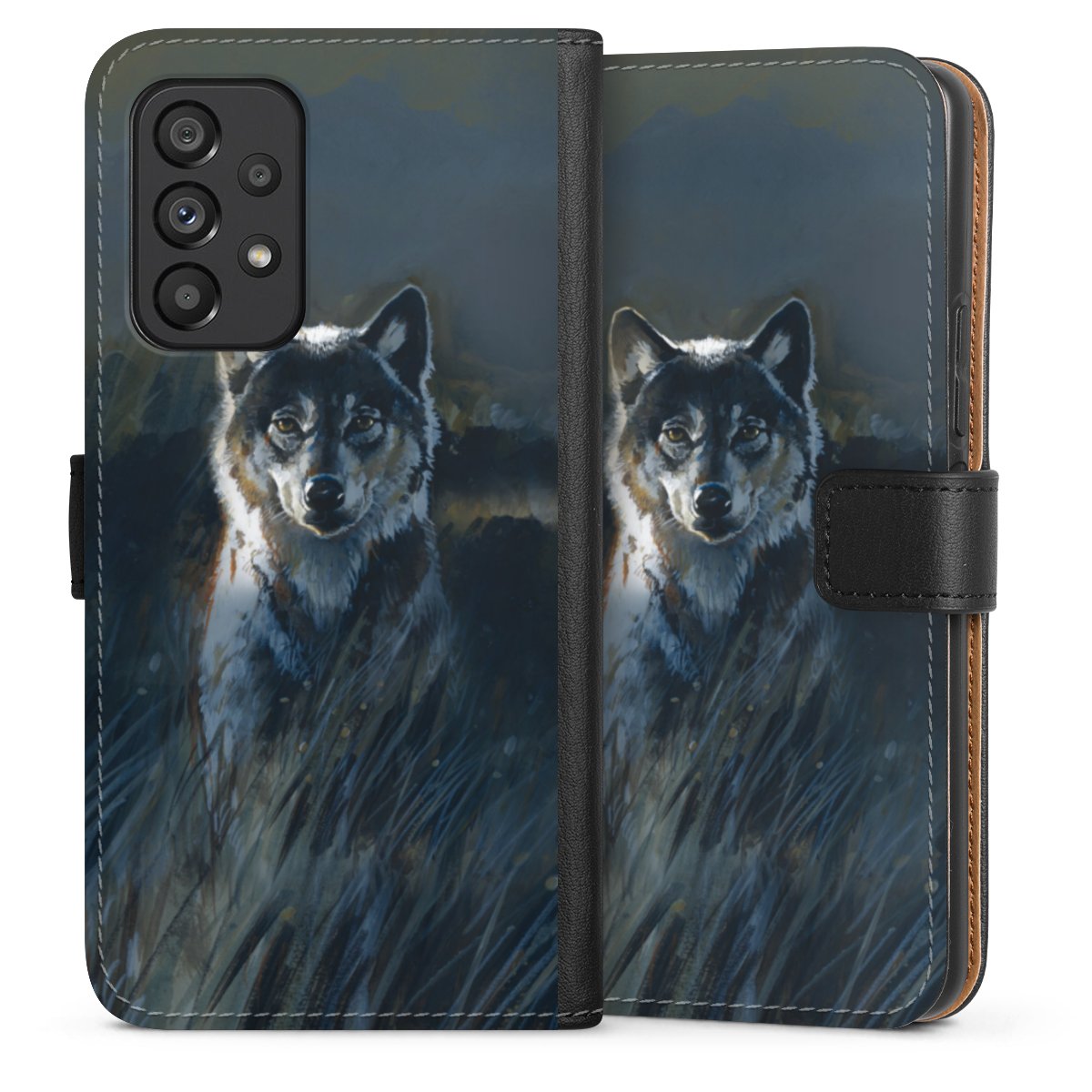 Galaxy A53 5G Handy Klapphülle Handyhülle aus Kunst Leder schwarz Flip Case Nature Wolf Painting Sideflip mit Lasche