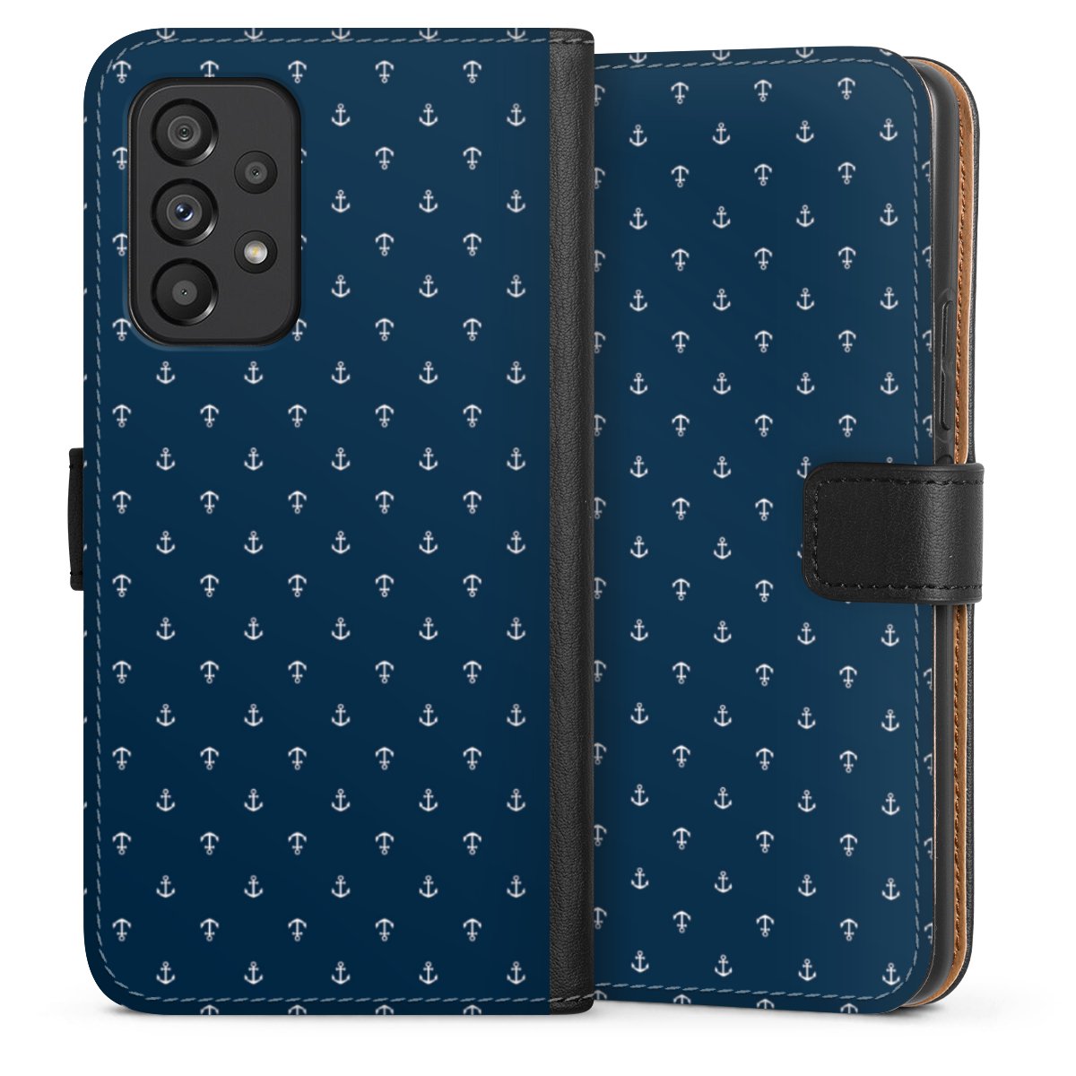 Galaxy A53 5G Handy Klapphülle Handyhülle aus Kunst Leder schwarz Flip Case Muster Anchor Sail Sideflip mit Lasche