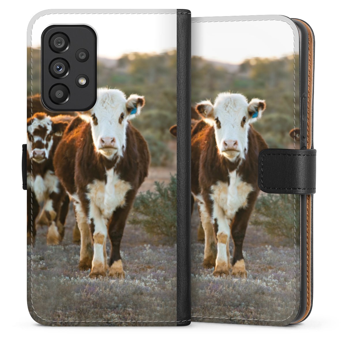 Galaxy A53 5G Handy Klapphülle Handyhülle aus Kunst Leder schwarz Flip Case Cow Farmer Calf Sideflip mit Lasche