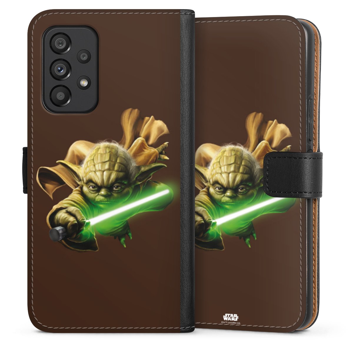 Galaxy A53 5G Handy Klapphülle Handyhülle aus Kunst Leder schwarz Flip Case Yoda Merchandise Star Wars Sideflip mit Lasche