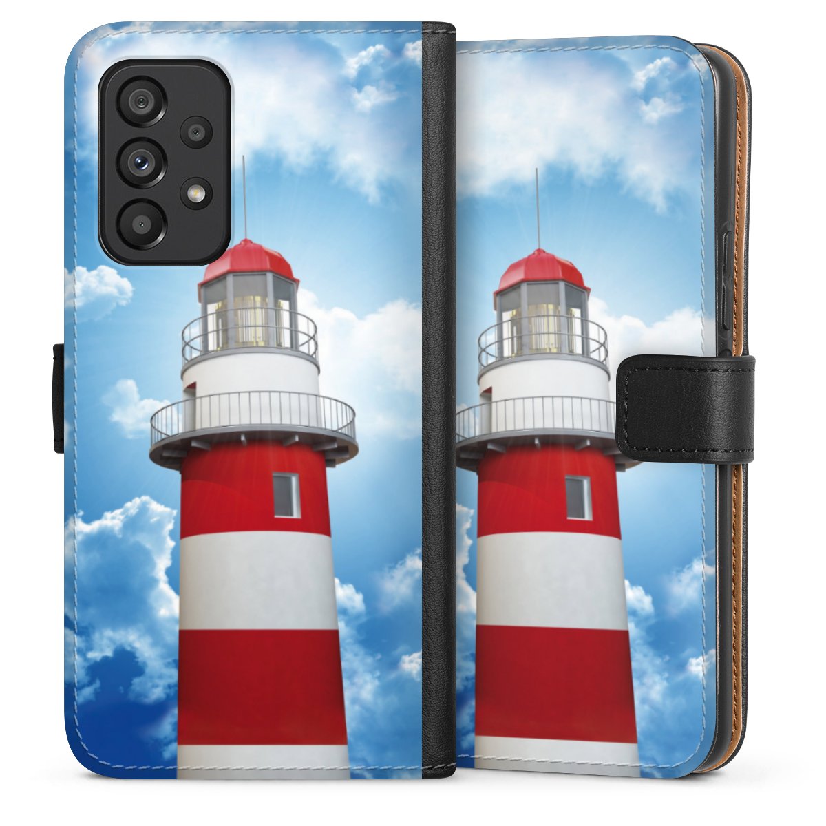 Galaxy A53 5G Handy Klapphülle Handyhülle aus Kunst Leder schwarz Flip Case Lighthouse Sky Cloud Sideflip mit Lasche