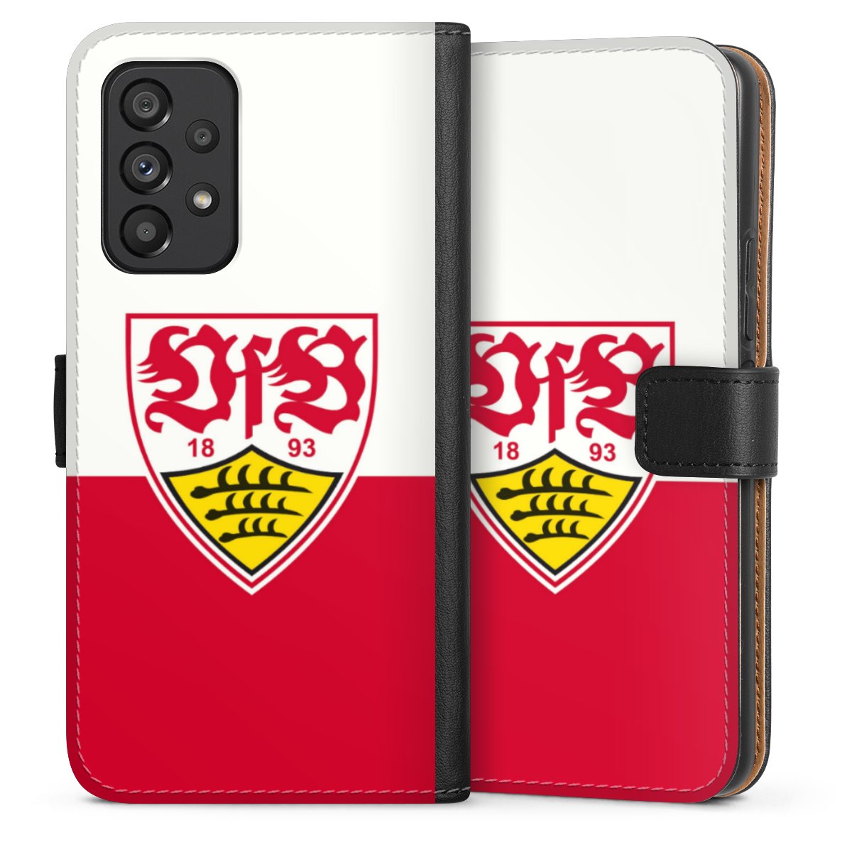 Galaxy A53 5G Handy Klapphülle Handyhülle aus Kunst Leder schwarz Flip Case Official Licensed Product Logo Vfb Stuttgart Sideflip mit Lasche