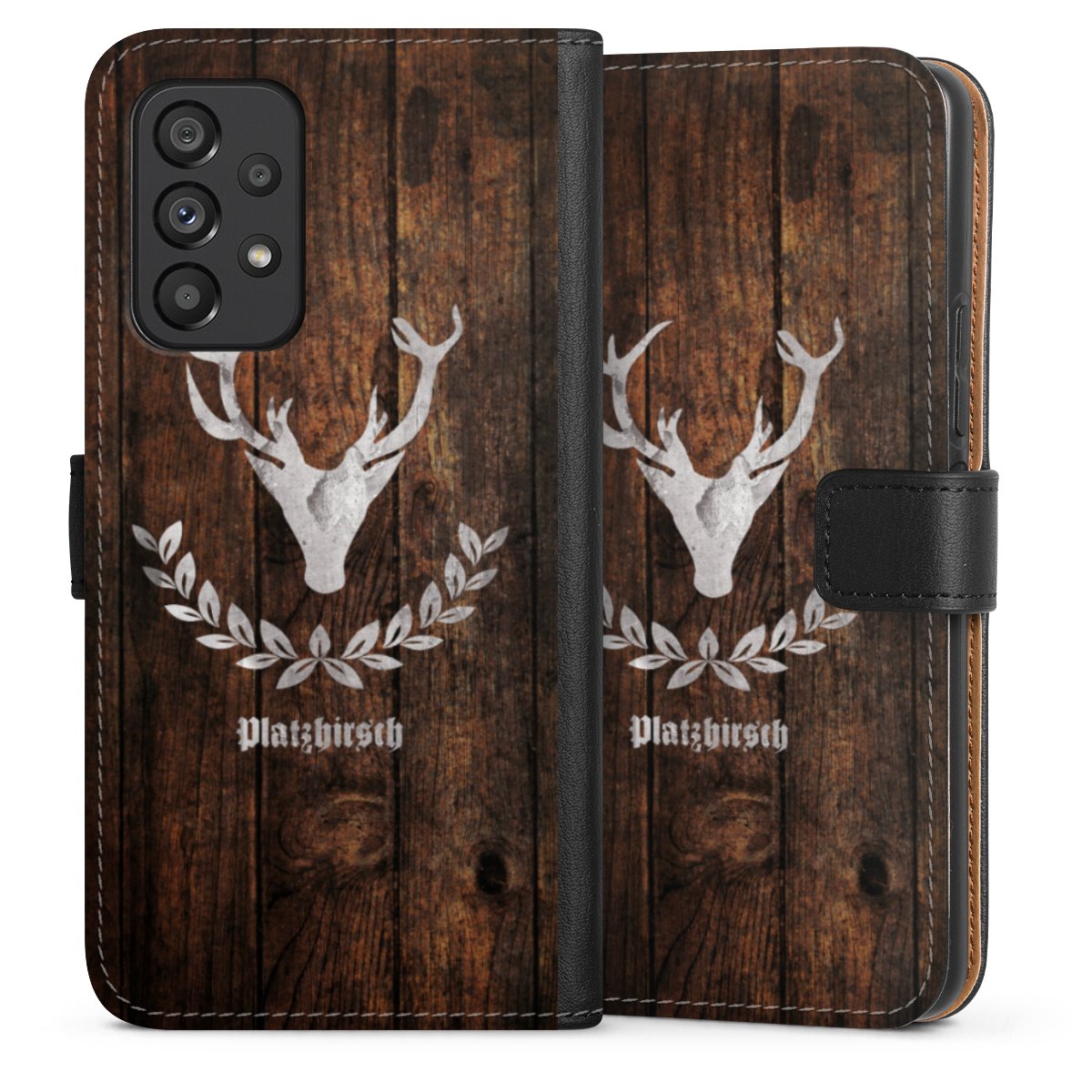 Galaxy A53 5G Handy Klapphülle Handyhülle aus Kunst Leder schwarz Flip Case Deer Wood Wooden Look Sideflip mit Lasche