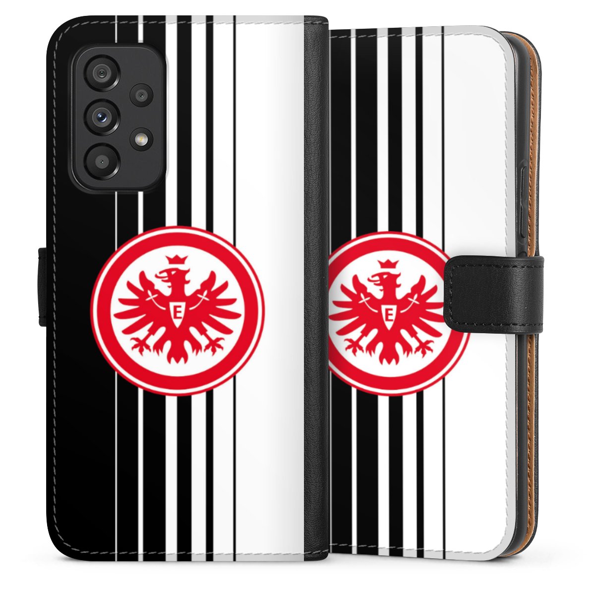 Galaxy A53 5G Handy Klapphülle Handyhülle aus Kunst Leder schwarz Flip Case Stripes Eintracht Frankfurt Official Licensed Product Sideflip mit Lasche