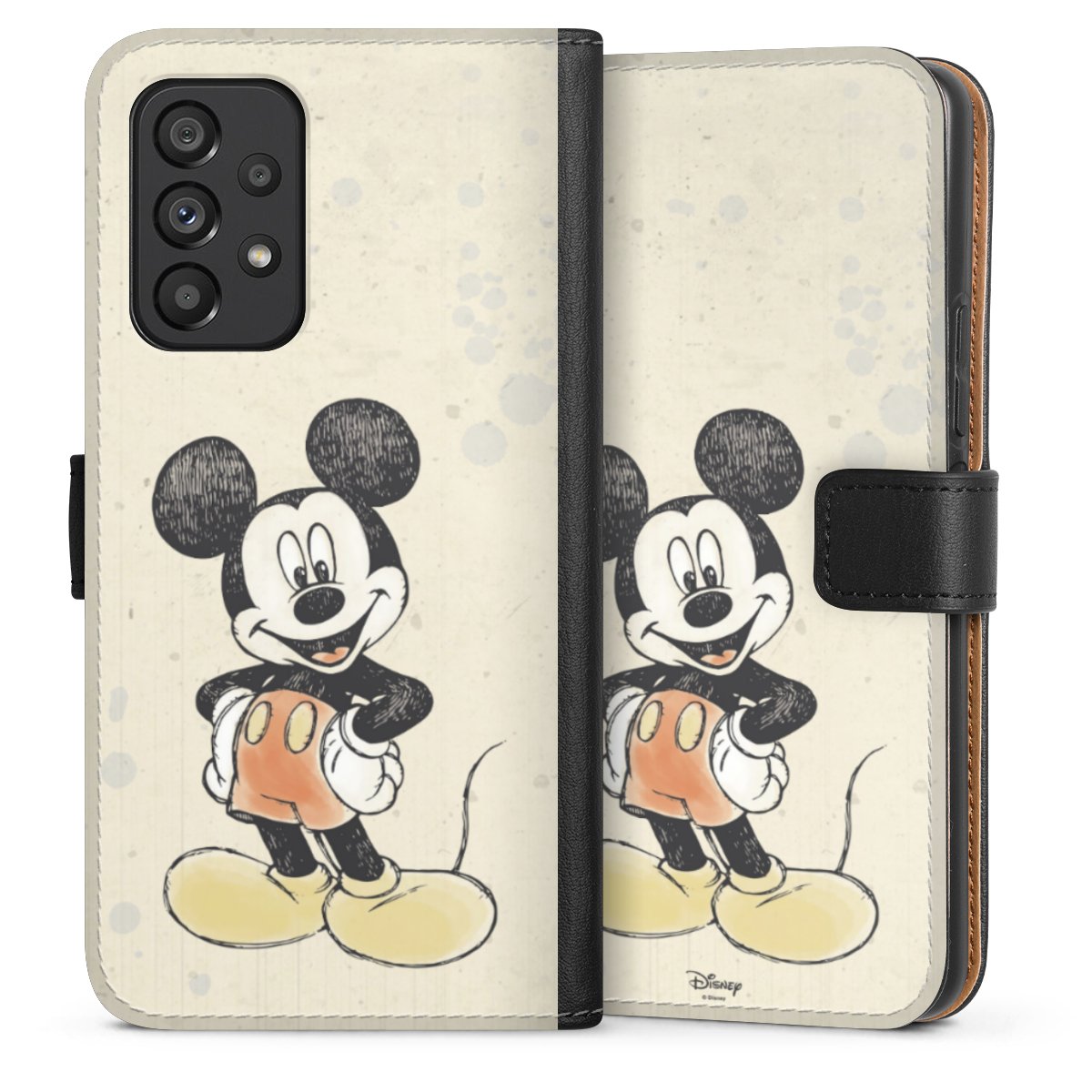 Galaxy A53 5G Handy Klapphülle Handyhülle aus Kunst Leder schwarz Flip Case Water Colour Mickey & Minnie Mouse Official Licensed Product Sideflip mit Lasche