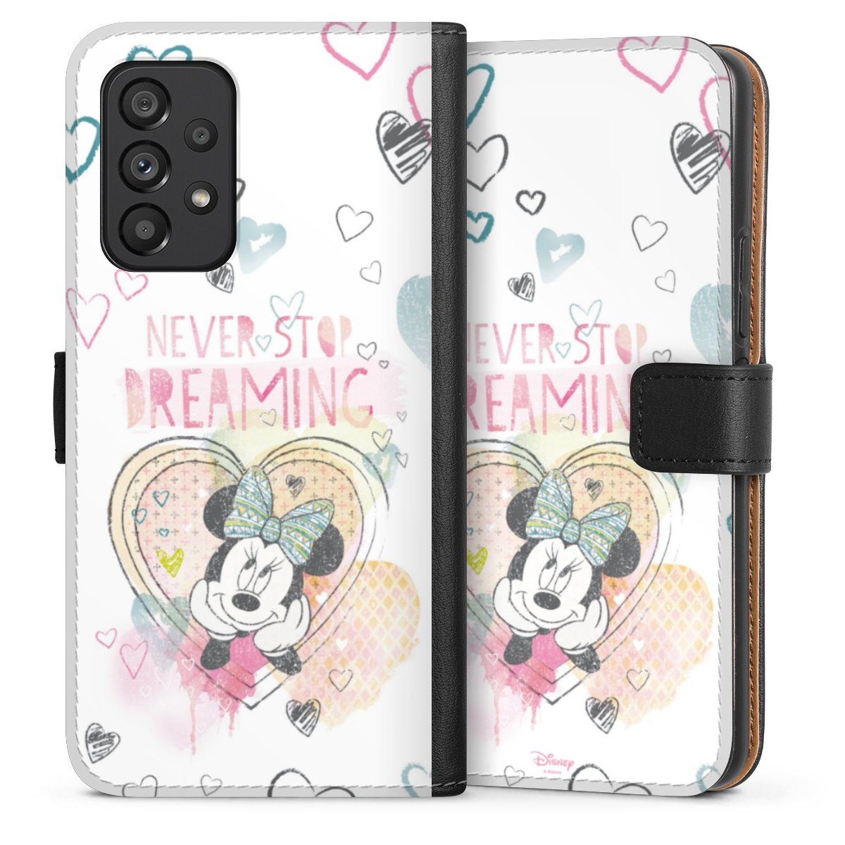 Galaxy A53 5G Handy Klapphülle Handyhülle aus Kunst Leder schwarz Flip Case Disney Official Licensed Product Minnie Mouse Sideflip mit Lasche