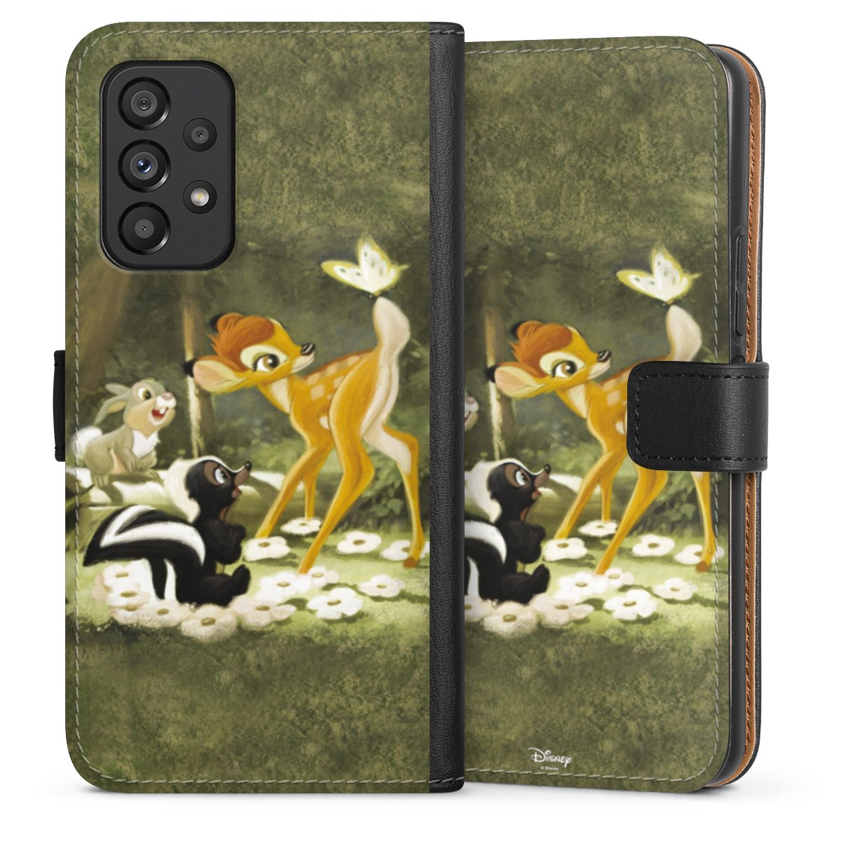 Galaxy A53 5G Handy Klapphülle Handyhülle aus Kunst Leder schwarz Flip Case Disney Official Licensed Product Bambi Sideflip mit Lasche