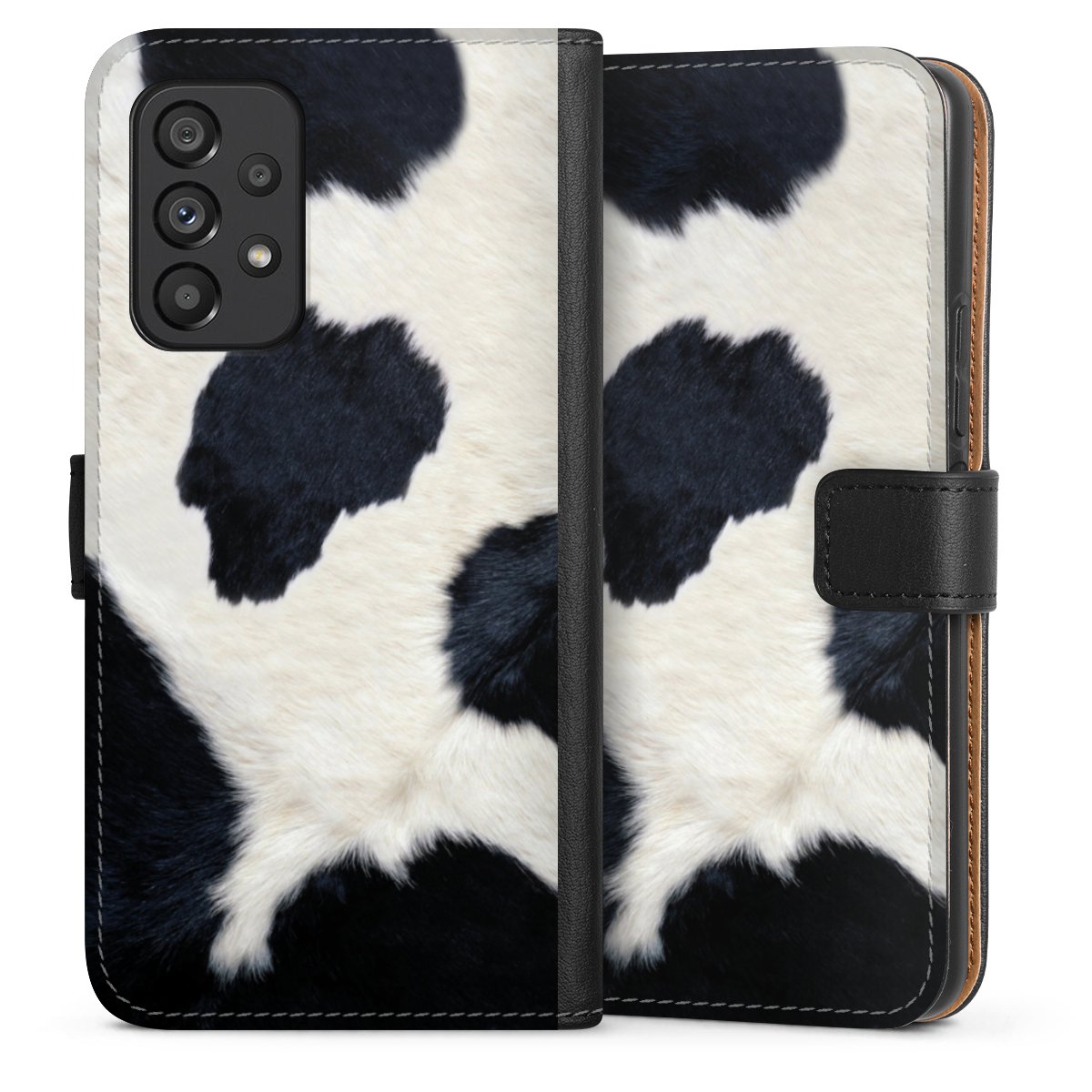 Galaxy A53 5G Handy Klapphülle Handyhülle aus Kunst Leder schwarz Flip Case Animal Look Animal Print Cow Skin Sideflip mit Lasche