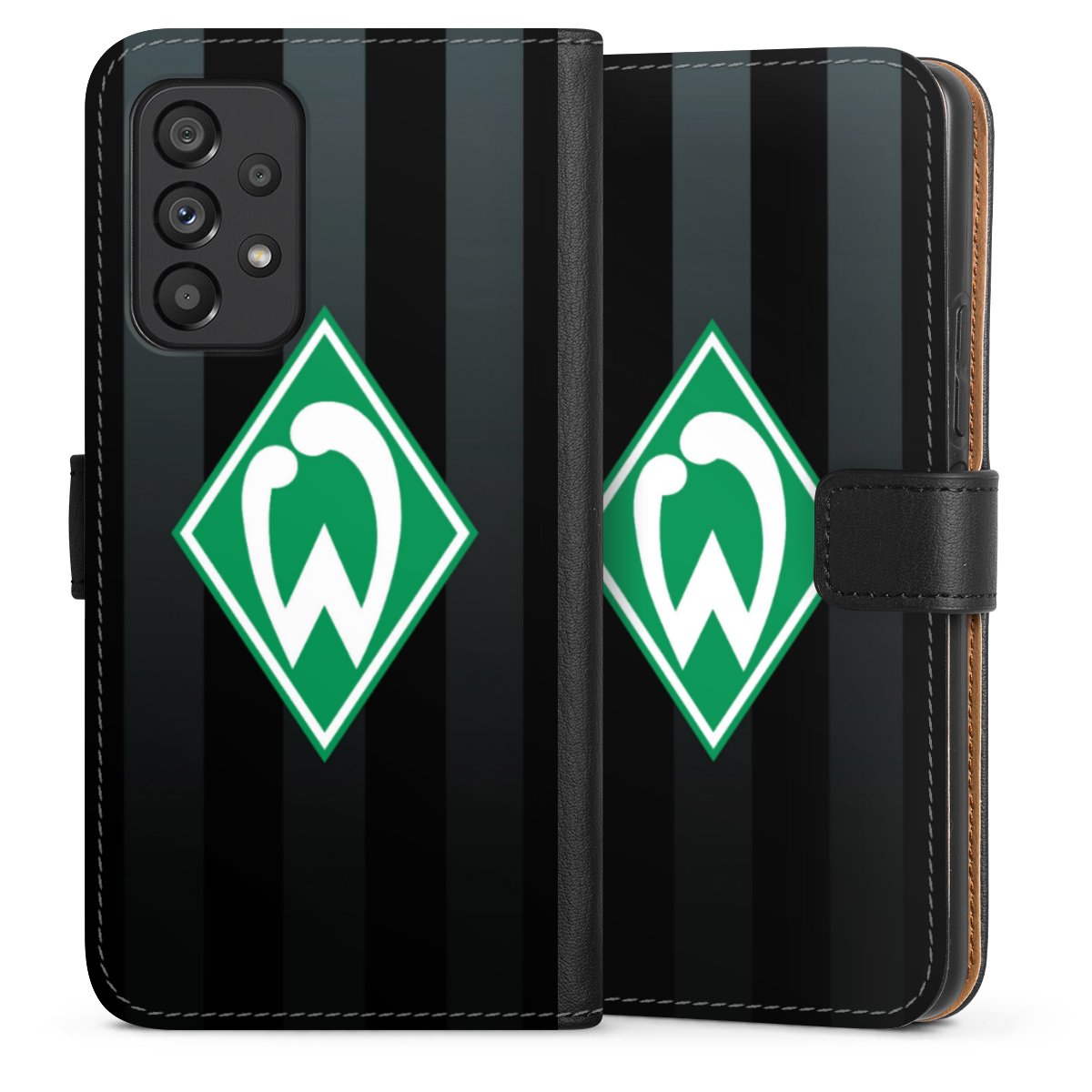 Galaxy A53 5G Handy Klapphülle Handyhülle aus Kunst Leder schwarz Flip Case Stripes Sv Werder Bremen Official Licensed Product Sideflip mit Lasche