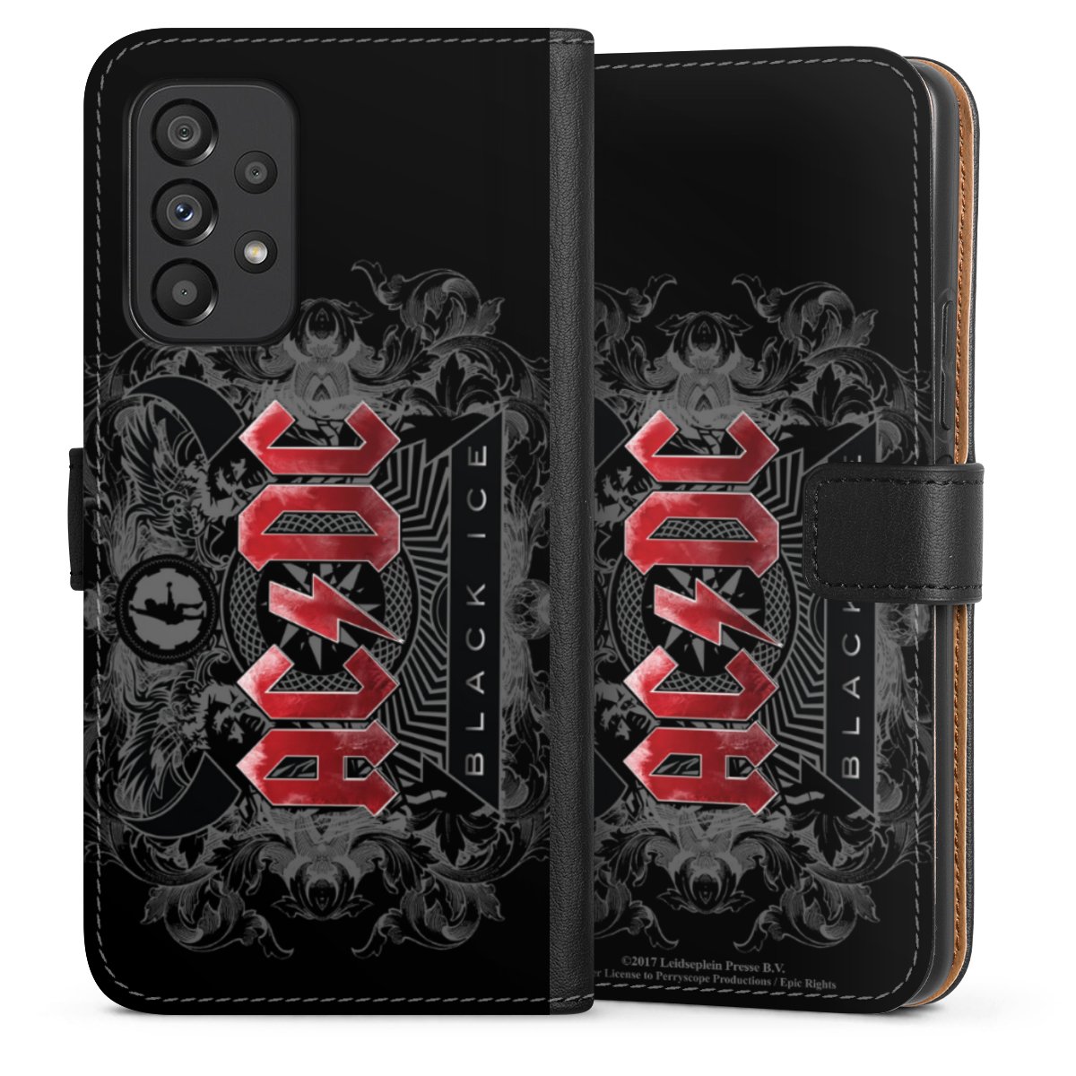 Galaxy A53 5G Handy Klapphülle Handyhülle aus Kunst Leder schwarz Flip Case Merchandise Black Ice Acdc Sideflip mit Lasche