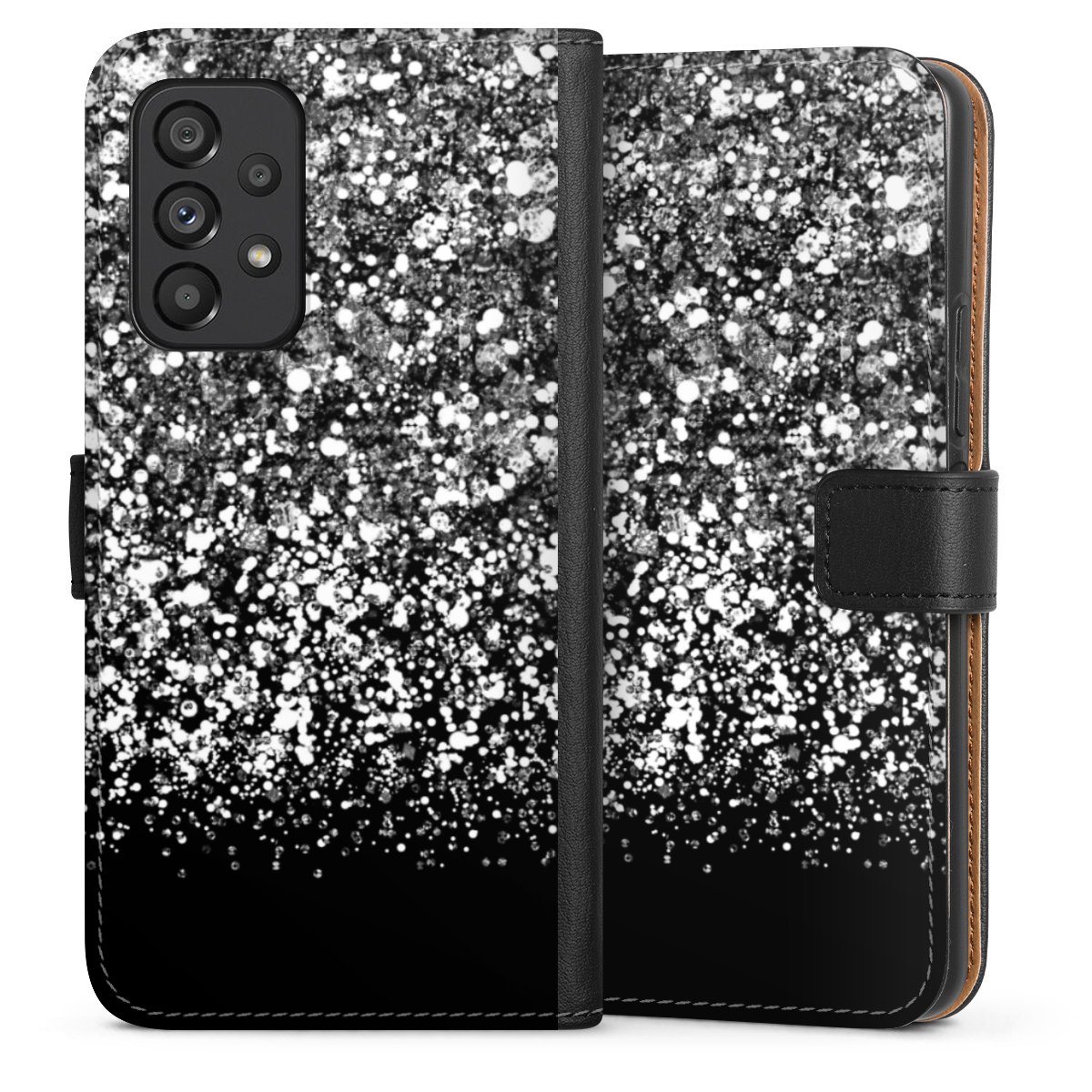 Galaxy A53 5G Handy Klapphülle Handyhülle aus Kunst Leder schwarz Flip Case Glitzer Snowflake Muster Sideflip mit Lasche