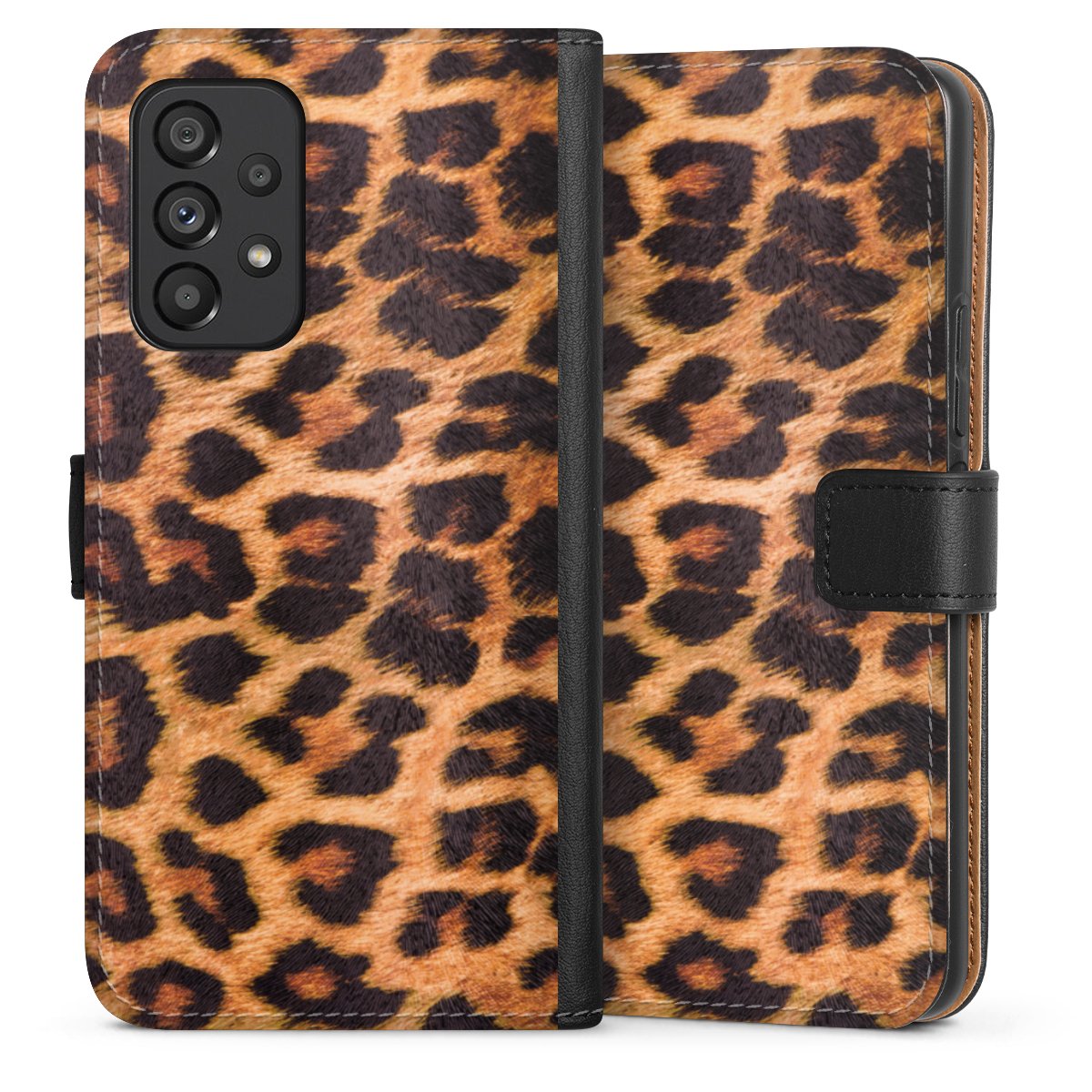 Galaxy A53 5G Handy Klapphülle Handyhülle aus Kunst Leder schwarz Flip Case Animal Print Leopard Fur Sideflip mit Lasche