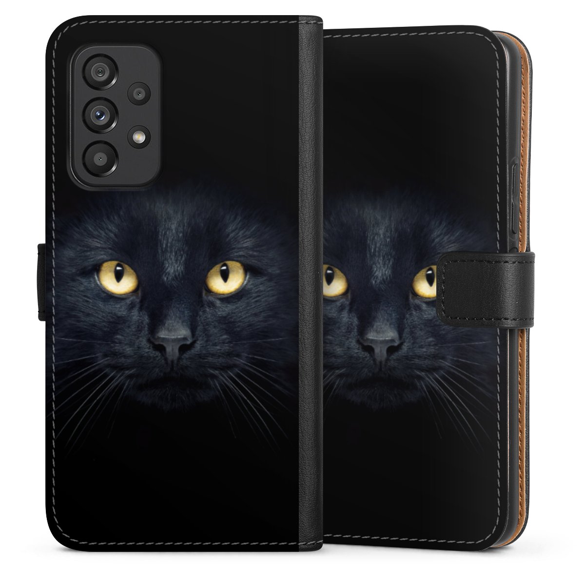 Galaxy A53 5G Handy Klapphülle Handyhülle aus Kunst Leder schwarz Flip Case Eye Cat Black Sideflip mit Lasche