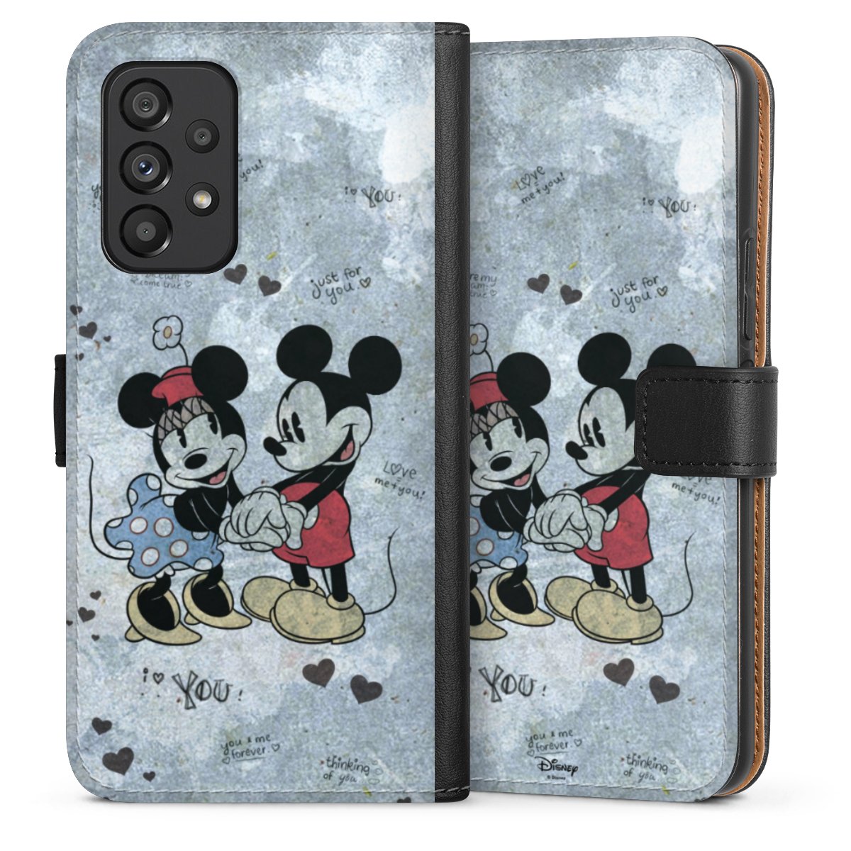 Galaxy A53 5G Handy Klapphülle Handyhülle aus Kunst Leder schwarz Flip Case Mickey & Minnie Mouse Vintage Disney Sideflip mit Lasche