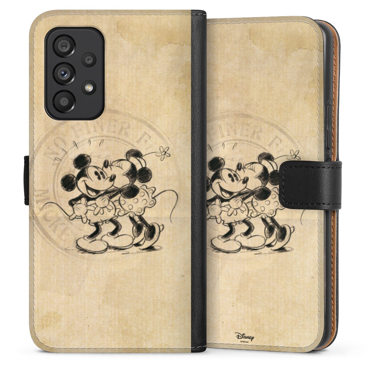 Galaxy A53 5G Handy Klapphülle Handyhülle aus Kunst Leder schwarz Flip Case Mickey Mouse Vintage Minnie Mouse Sideflip mit Lasche