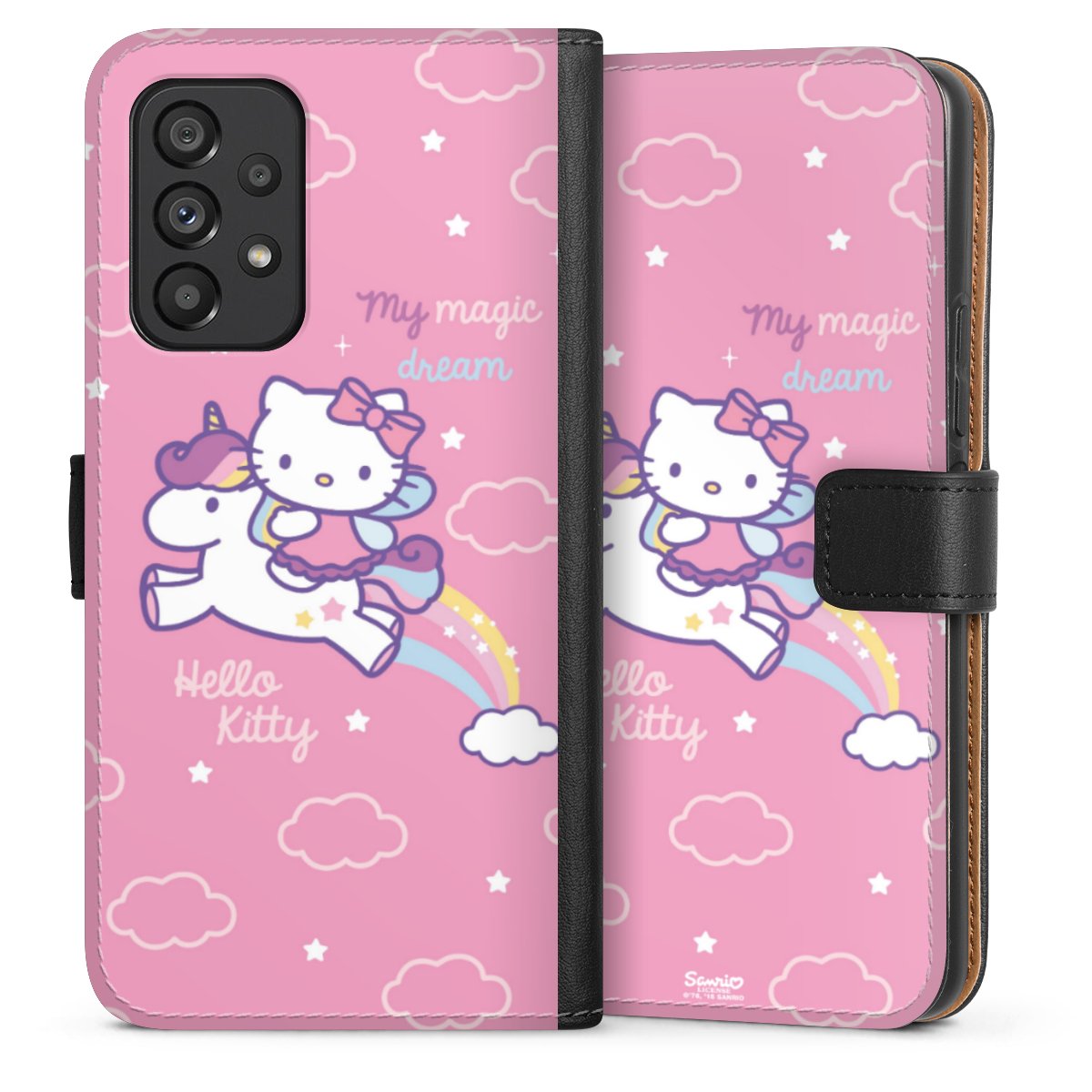 Galaxy A53 5G Handy Klapphülle Handyhülle aus Kunst Leder schwarz Flip Case Einhorn Official Licensed Product Hello Kitty Sideflip mit Lasche