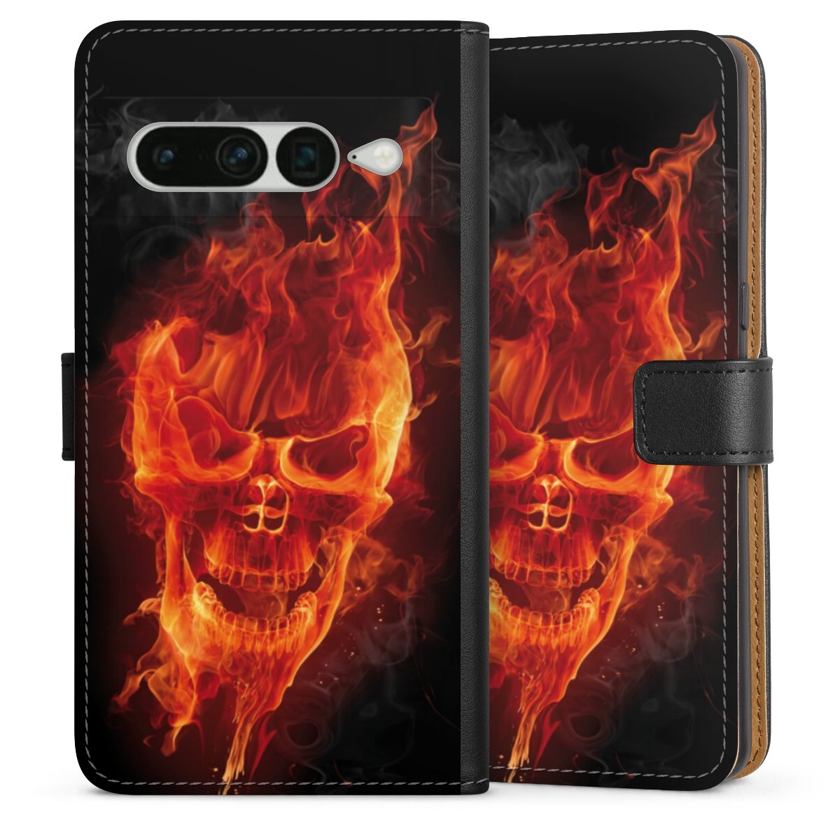 Google Pixel 7 Pro Handy Klapphülle Handyhülle aus Kunst Leder schwarz Flip Case Totenkopf Skull Fire Sideflip mit Lasche