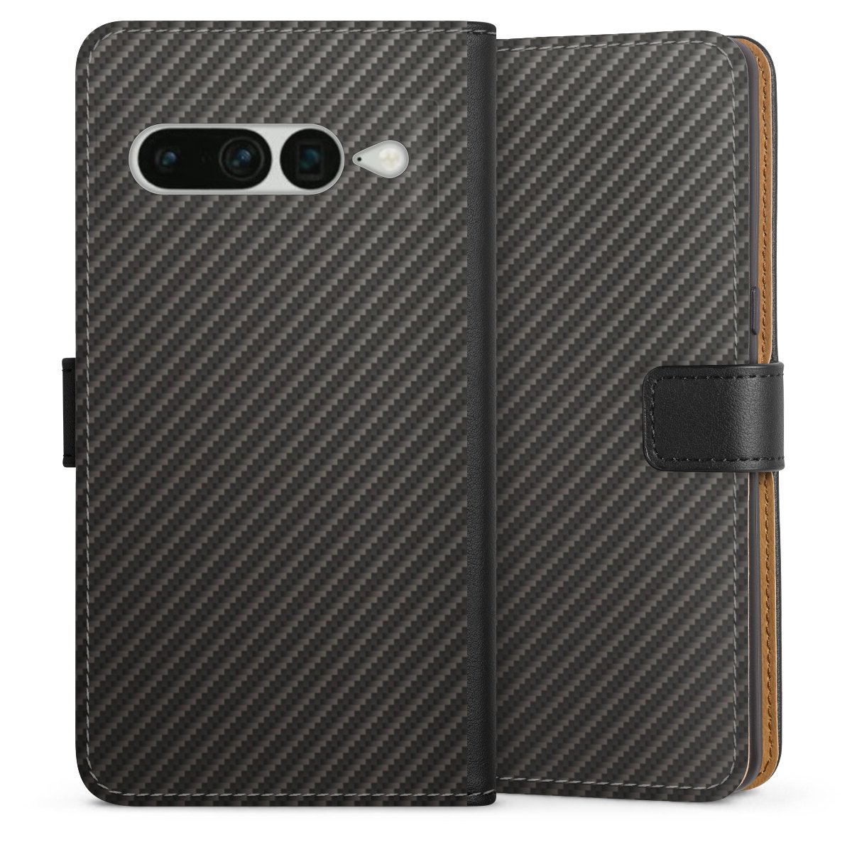 Google Pixel 7 Pro Handy Klapphülle Handyhülle aus Kunst Leder schwarz Flip Case Metallic Look Carbon Muster Sideflip mit Lasche