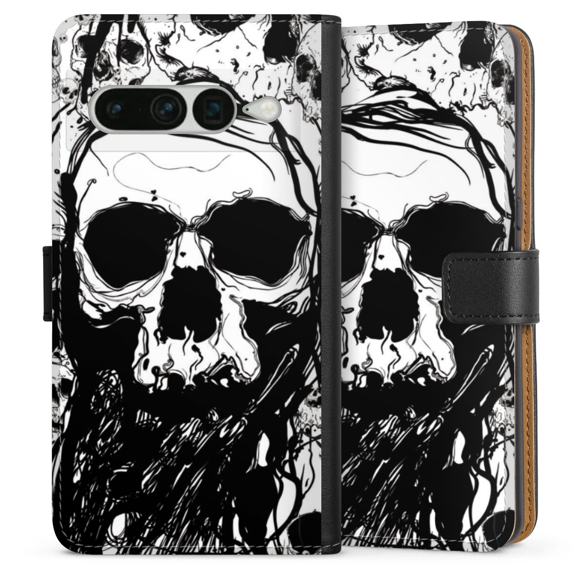 Google Pixel 7 Pro Handy Klapphülle Handyhülle aus Kunst Leder schwarz Flip Case Totenkopf Halloween Sideflip mit Lasche