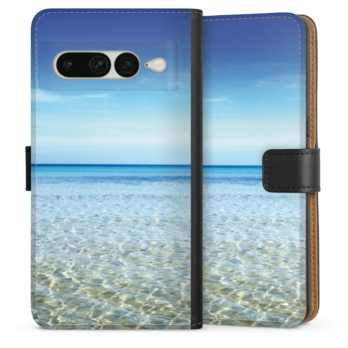 Google Pixel 7 Pro Handy Klapphülle Handyhülle aus Kunst Leder schwarz Flip Case Urlaub Sky Ocean Sideflip mit Lasche